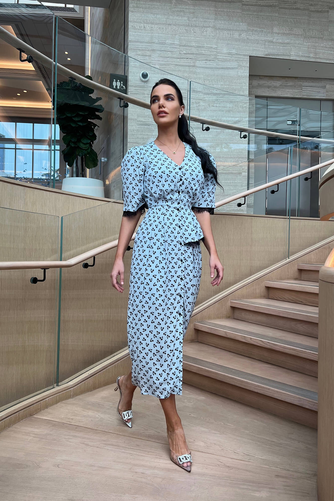 Lace Decorated Button Front Midi Dress