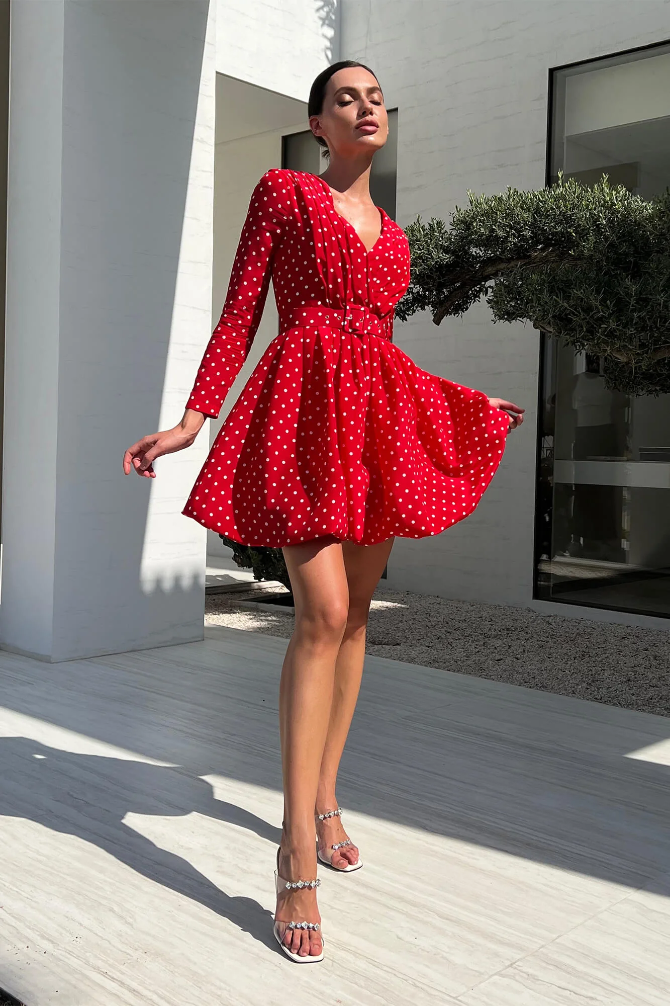 Long Sleeve Pleated Bodice Mini Belted Dress