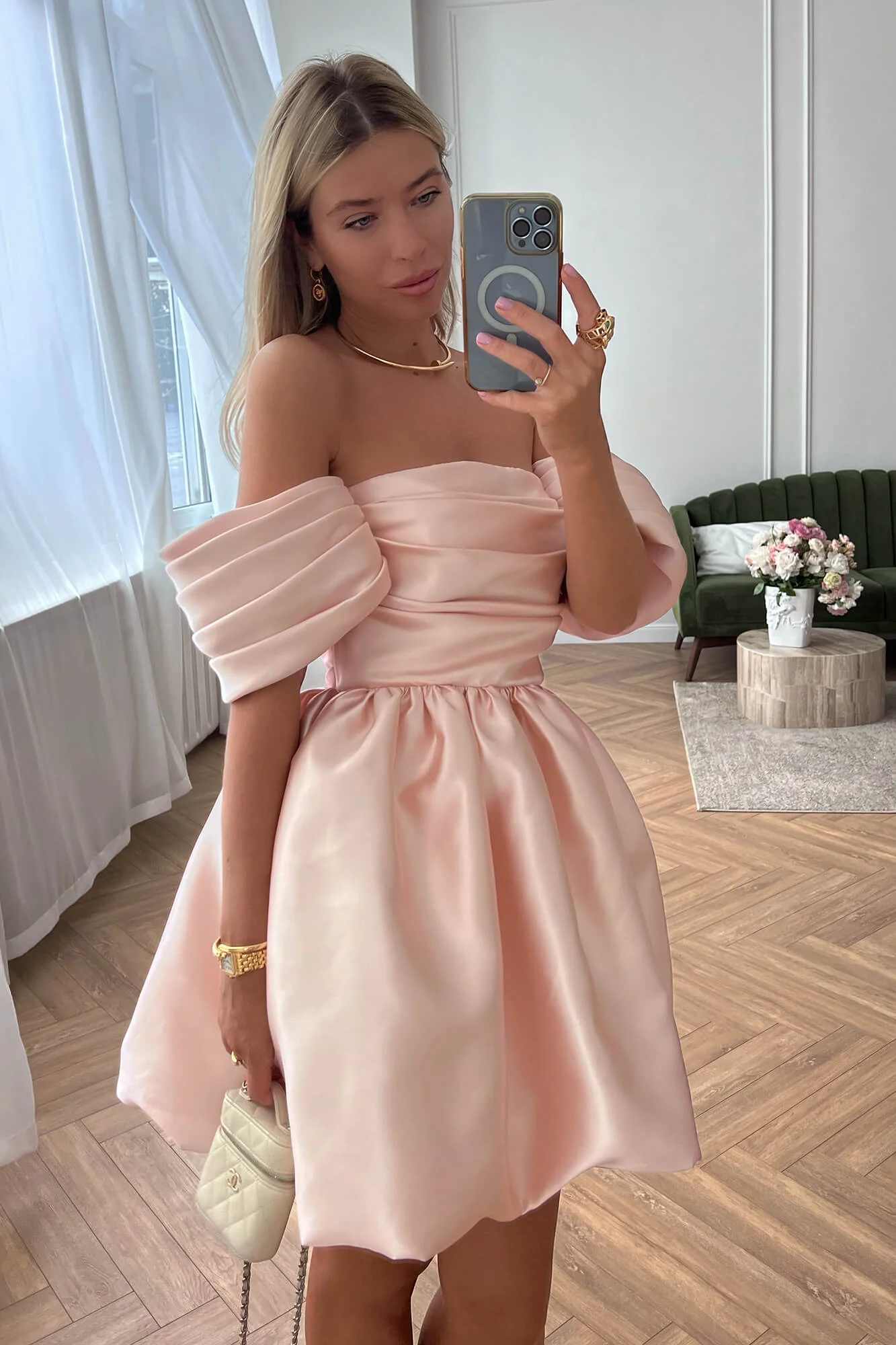 Draped Bodice Puffy Skirt Mini Dress