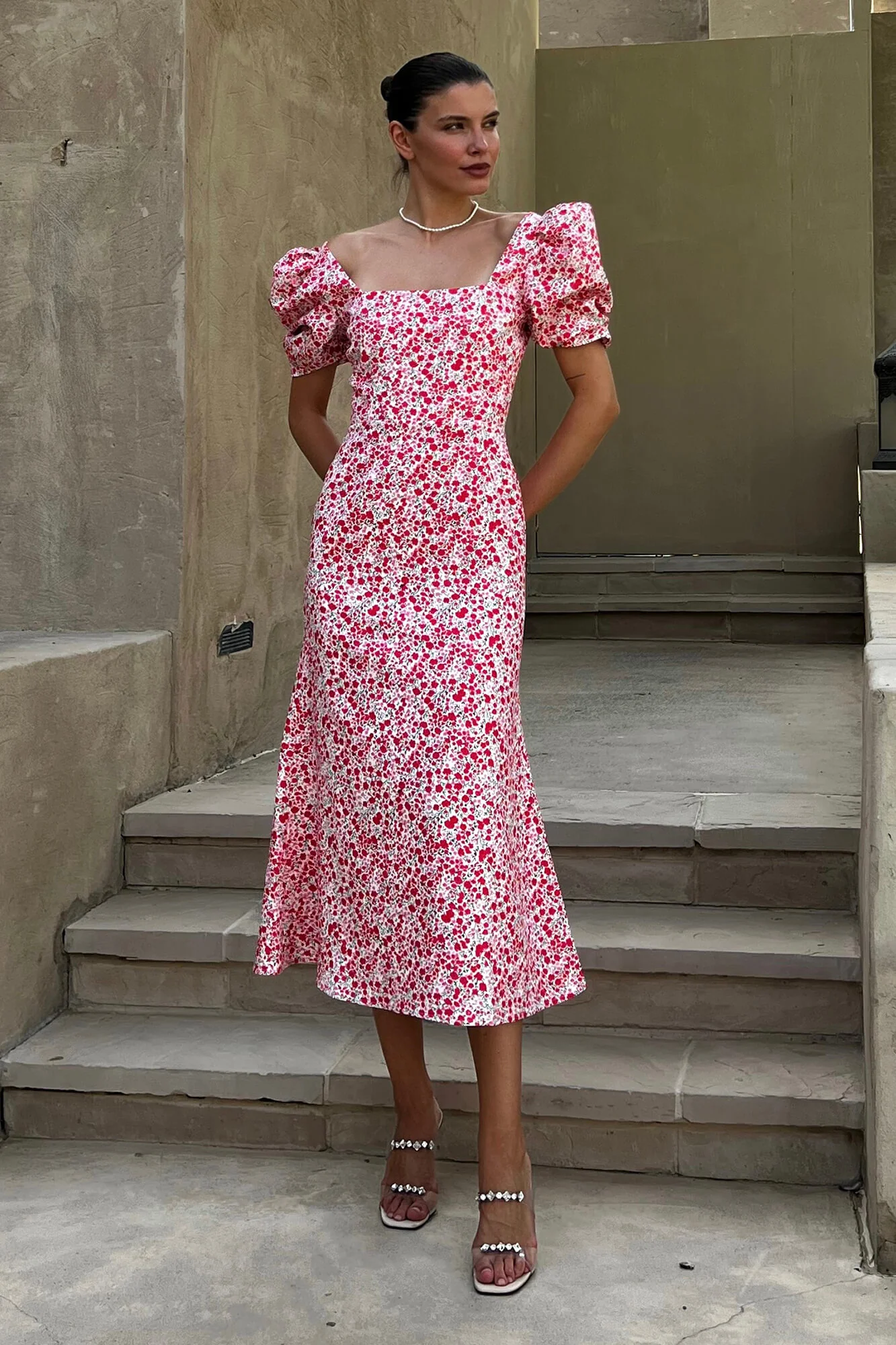 Godet Silhouette Square Neck Midi Dress