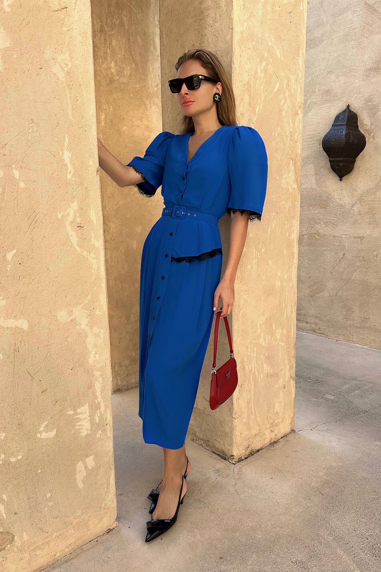 Lace Decorated Button Front Midi Dress with Belt
