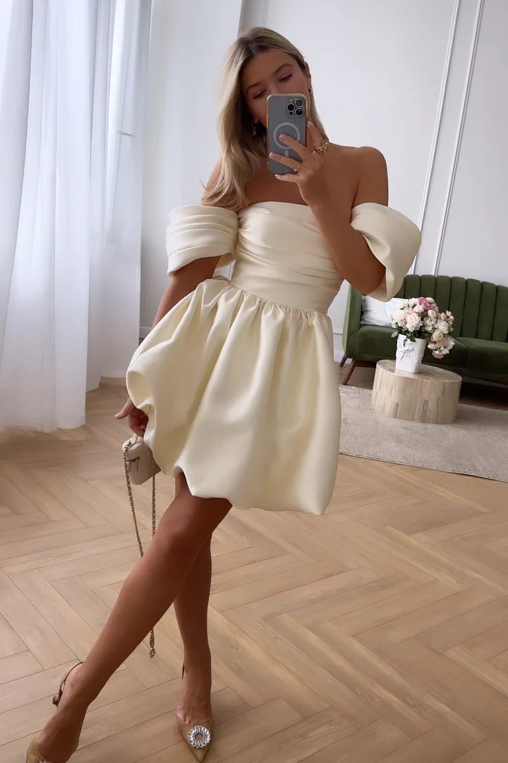 Draped Bodice Puffy Skirt Mini Dress