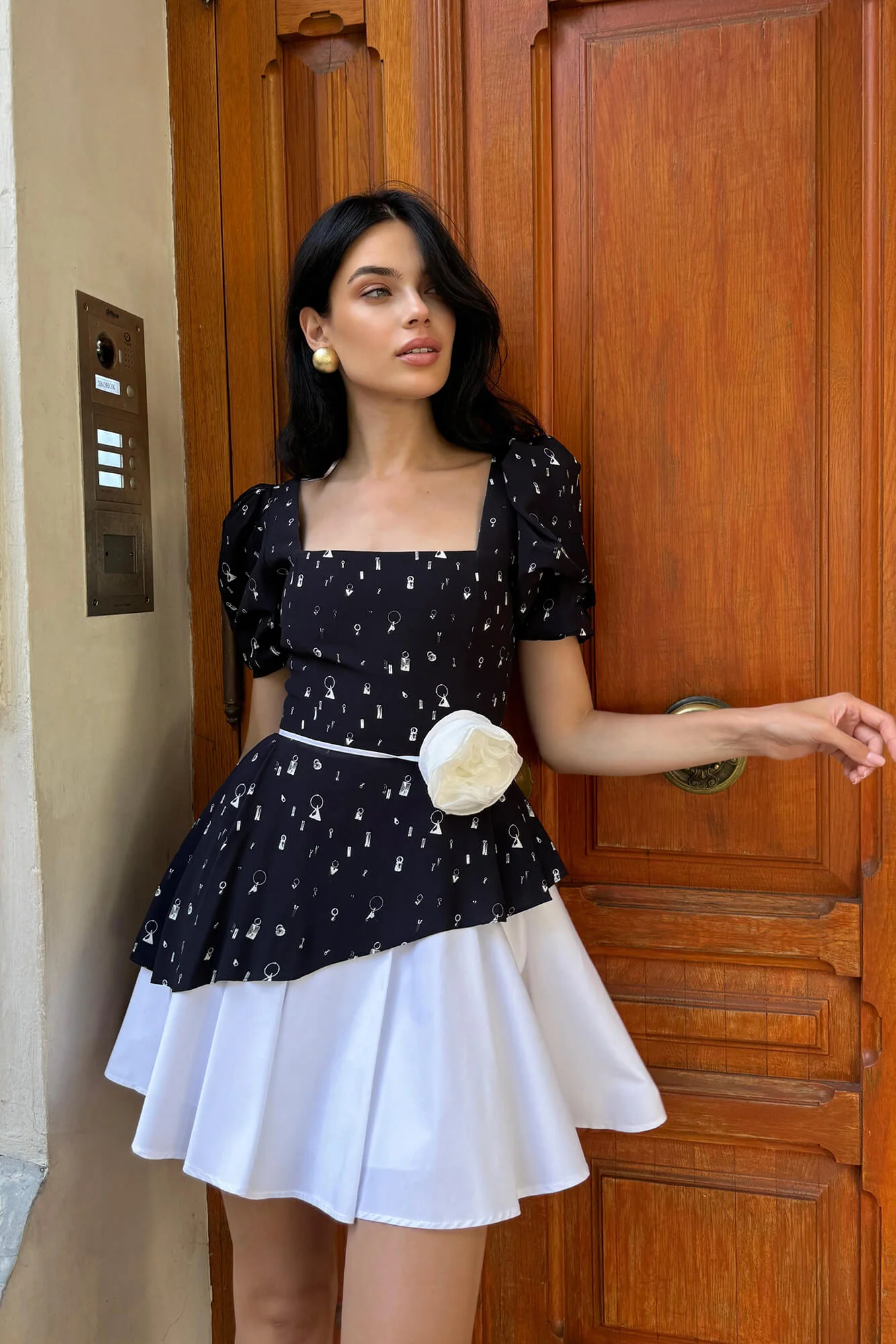 Square Neckline Mini Dress with Rose Belt