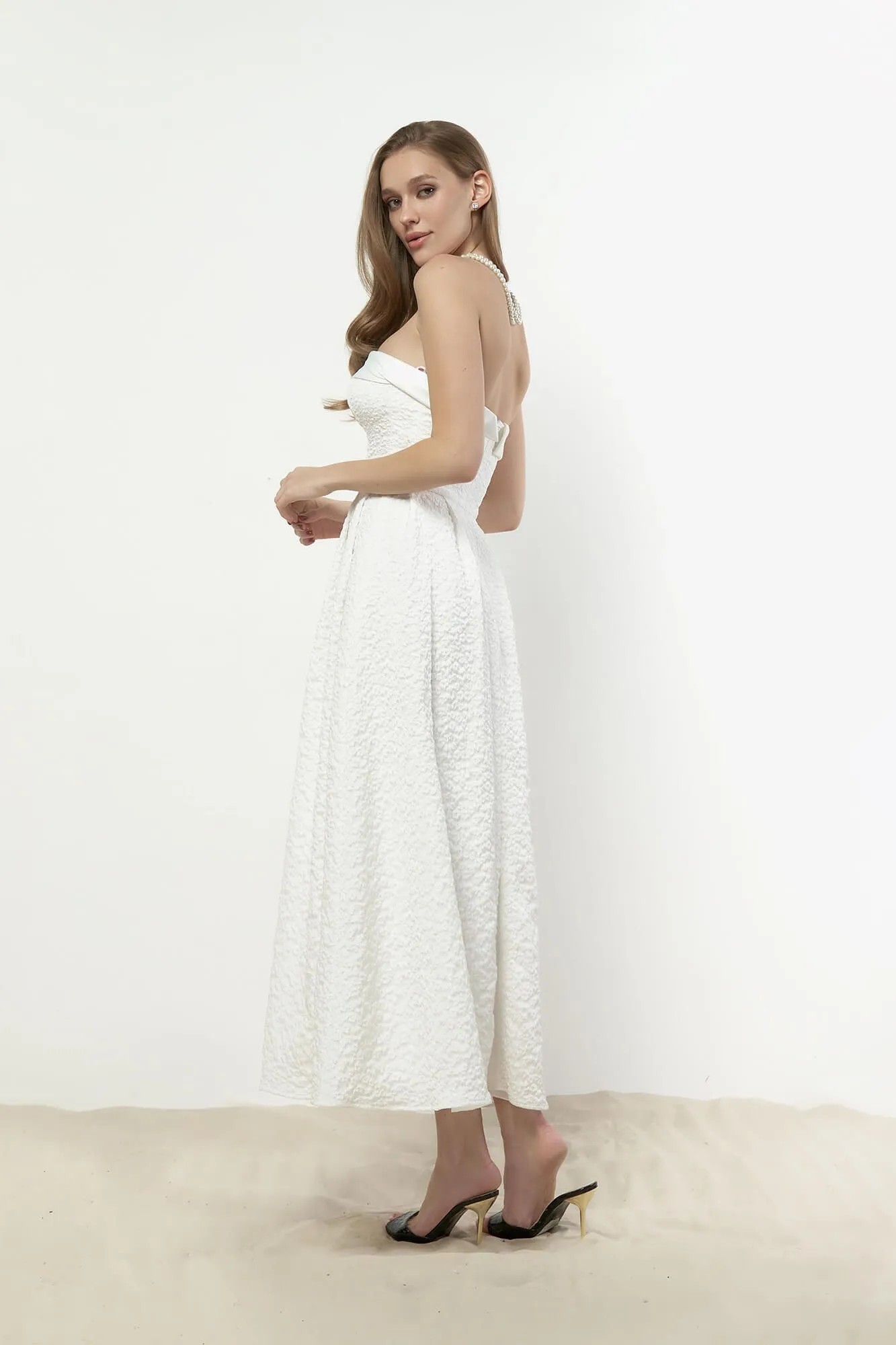 Jacquard Midi Dress with Satin Turn-up