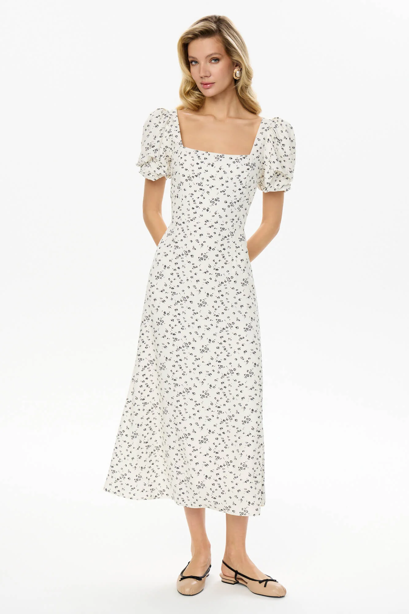 Godet Silhouette Square Neck Midi Dress