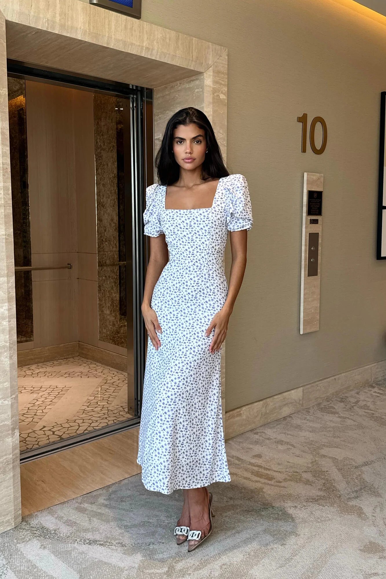 Godet Silhouette Square Neck Midi Dress