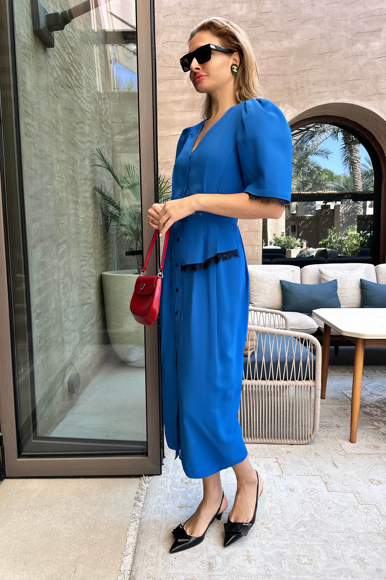 Lace Decorated Button Front Midi Dress with Belt