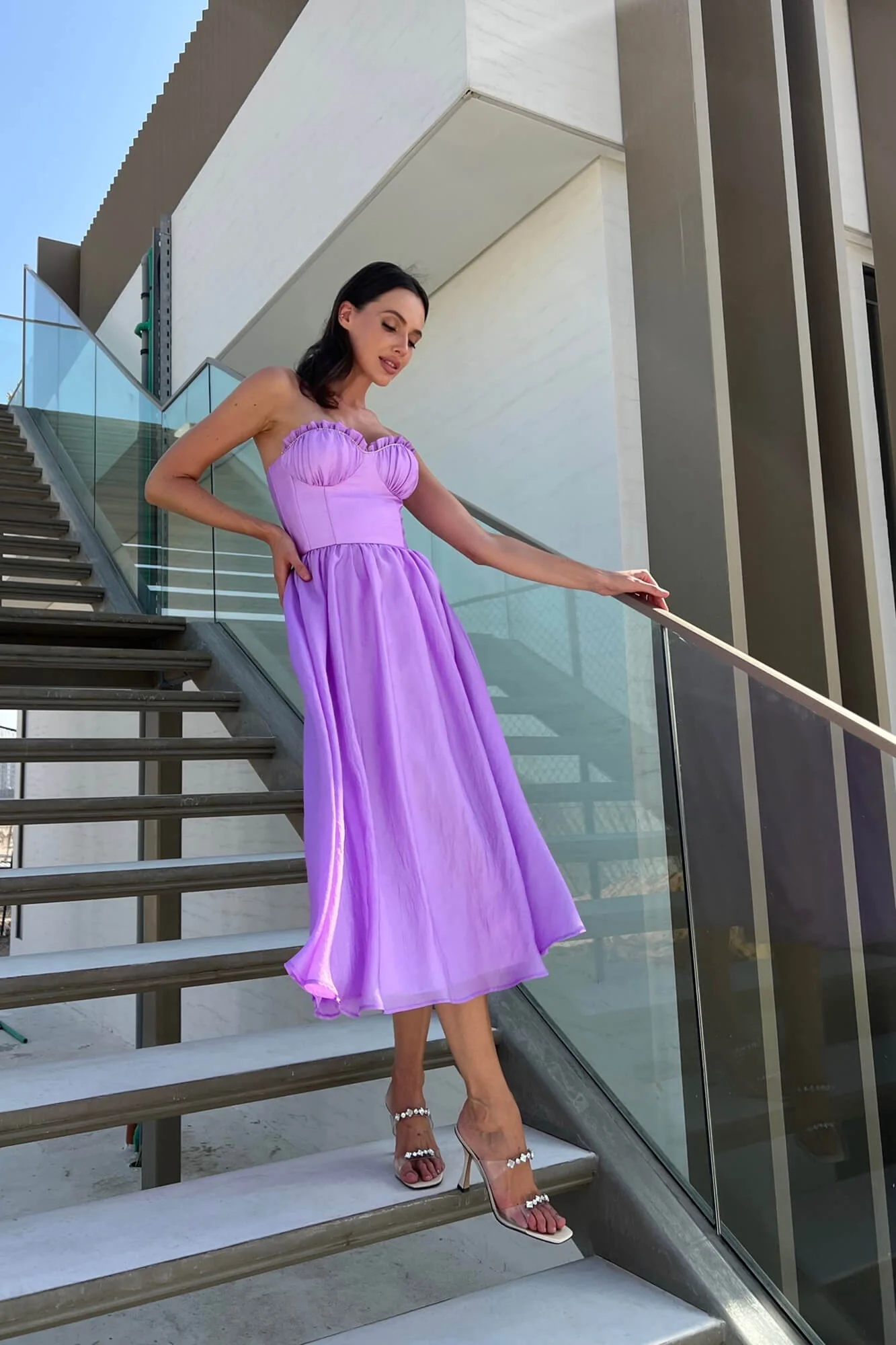 Draped Bodice Pleated Midi Dress