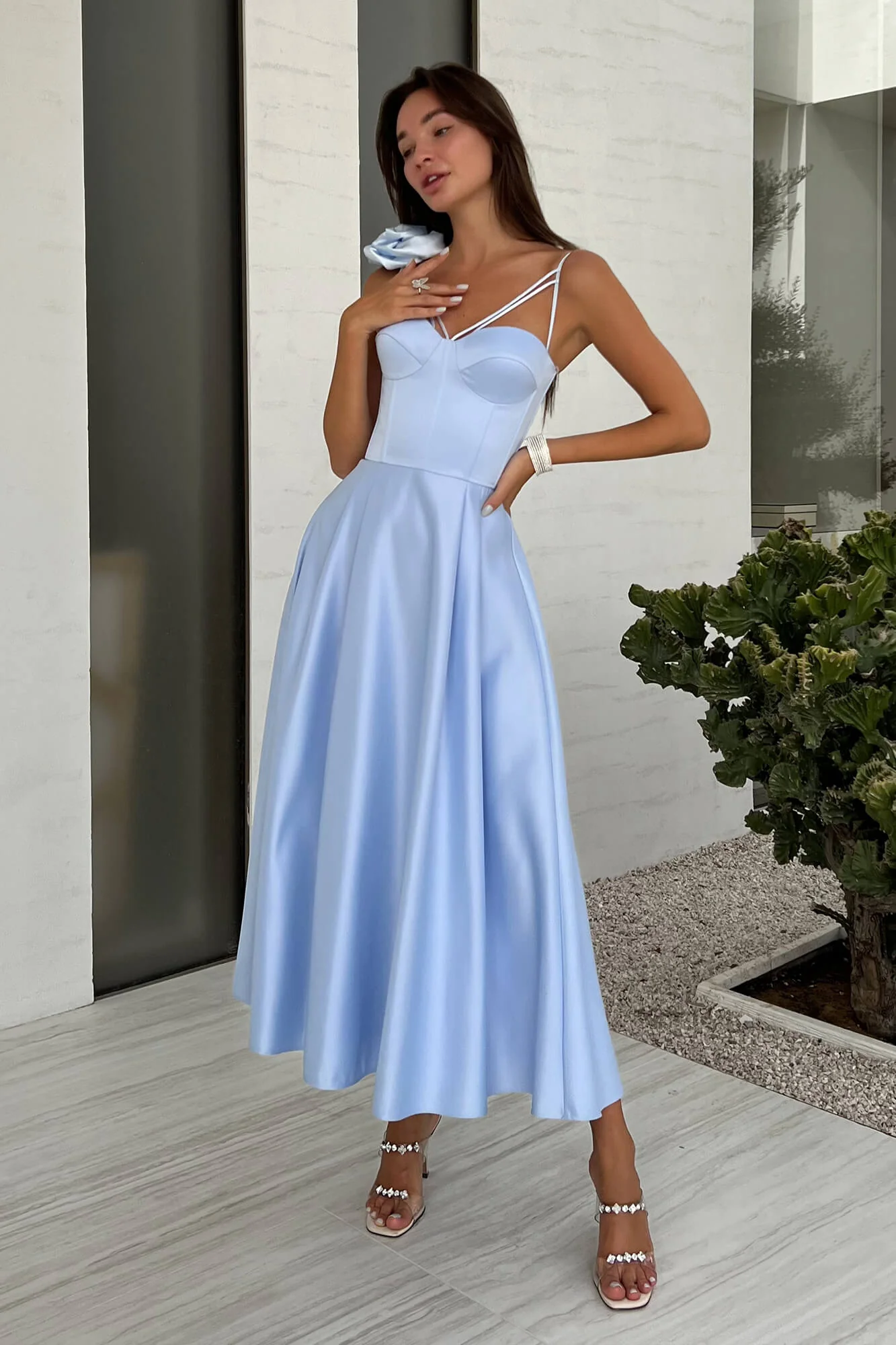 Rose Detail Bell Corset Midi Dress