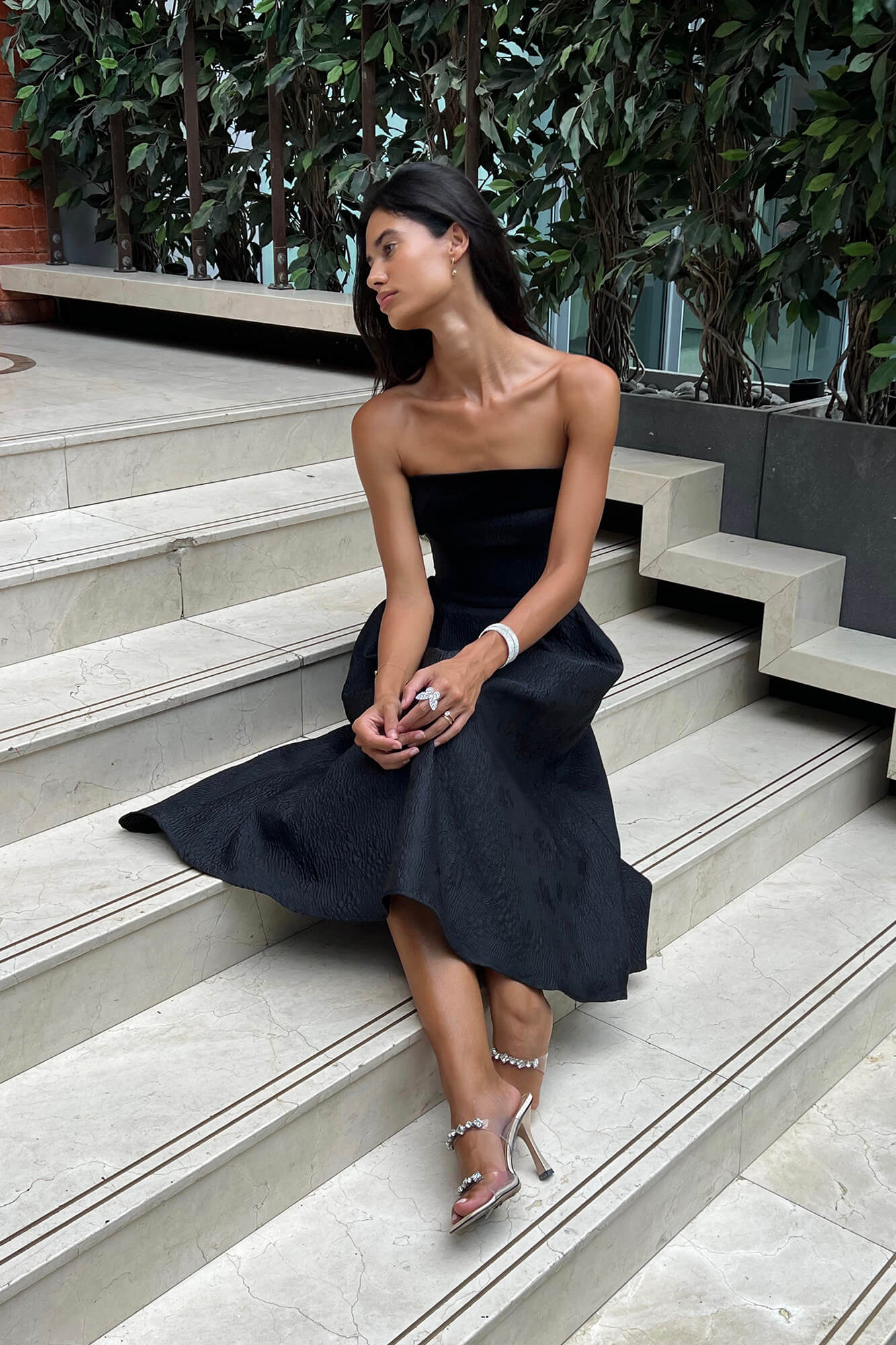 Jacquard Midi Dress with Velvet Turn-up