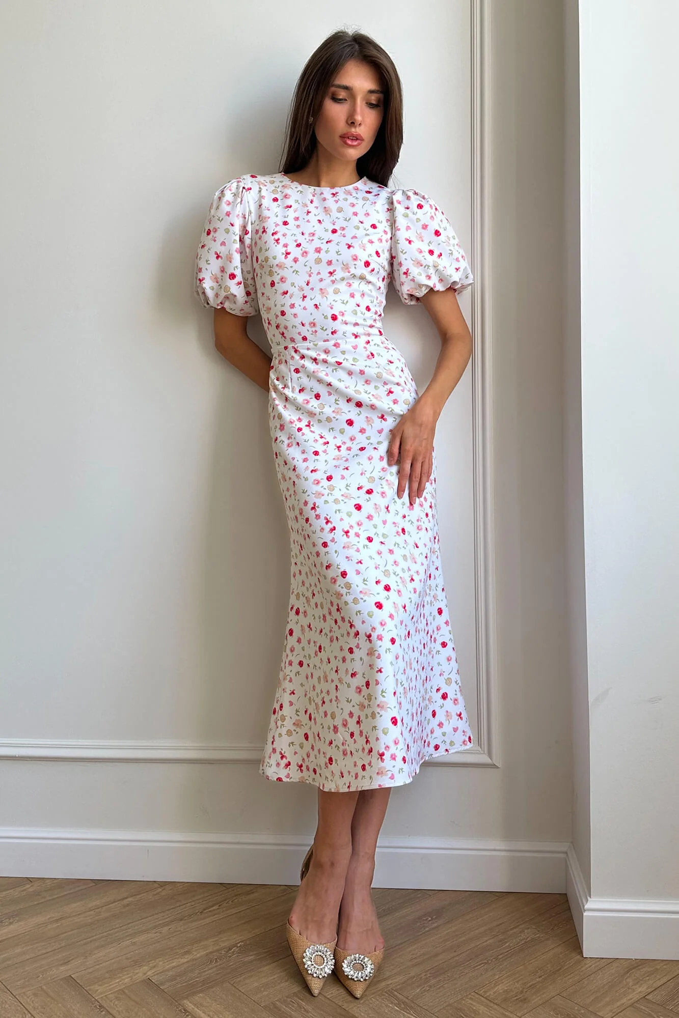 Puff Sleeve Printed Midi Dress
