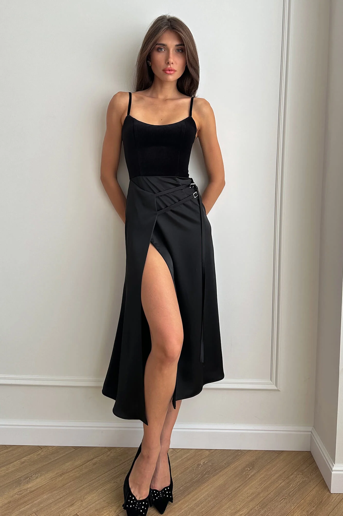 Velvet Bodice Decorated Straps Midi Dress