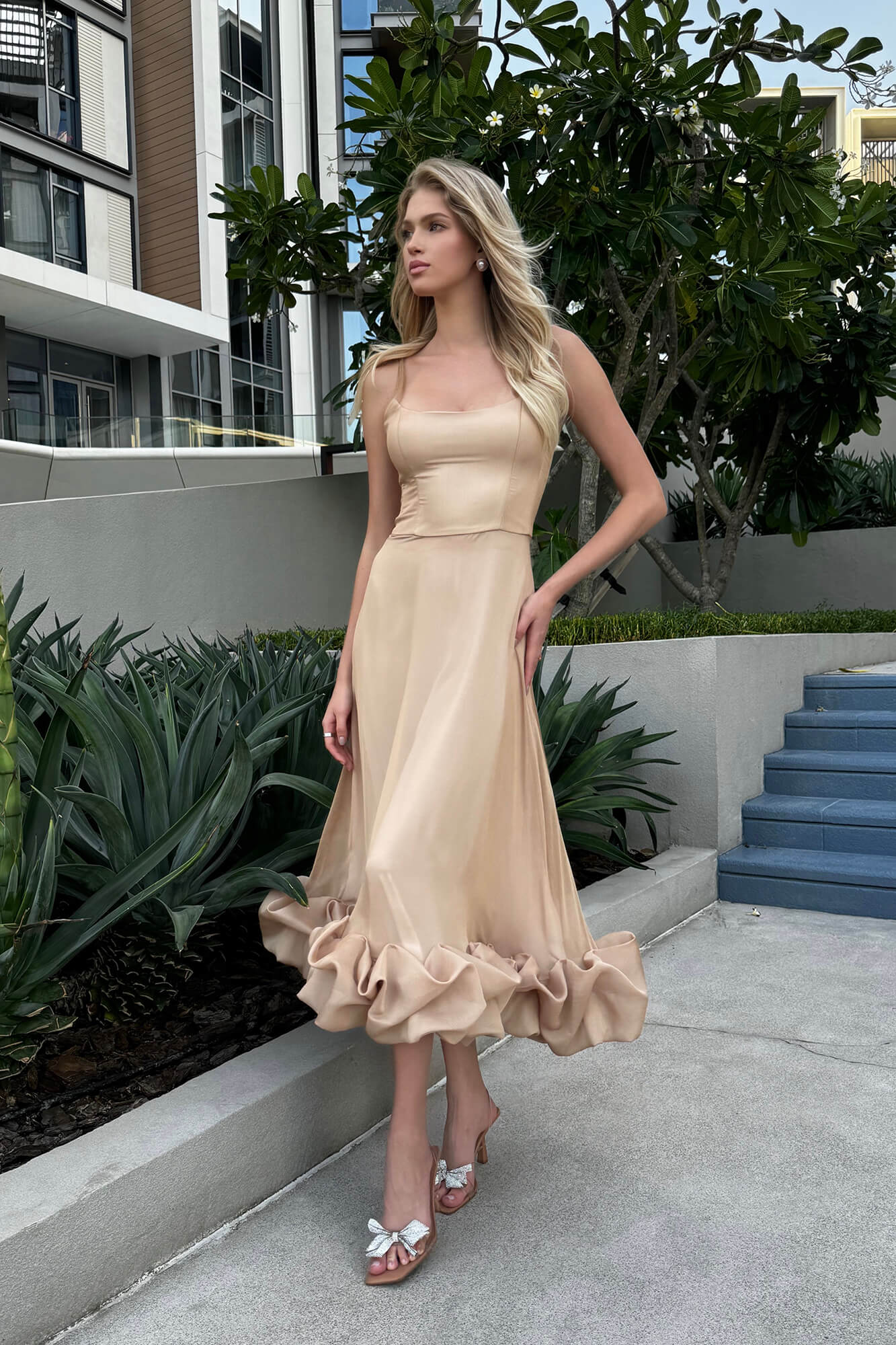 Flounce Bustier Midi Dress