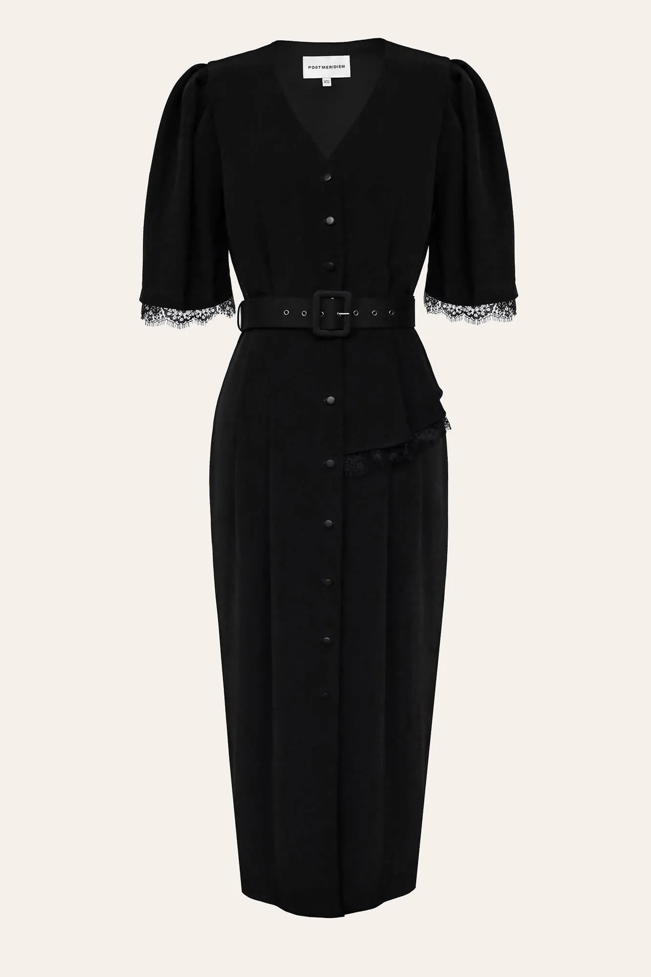 Lace Decorated Button Front Midi Dress with Belt