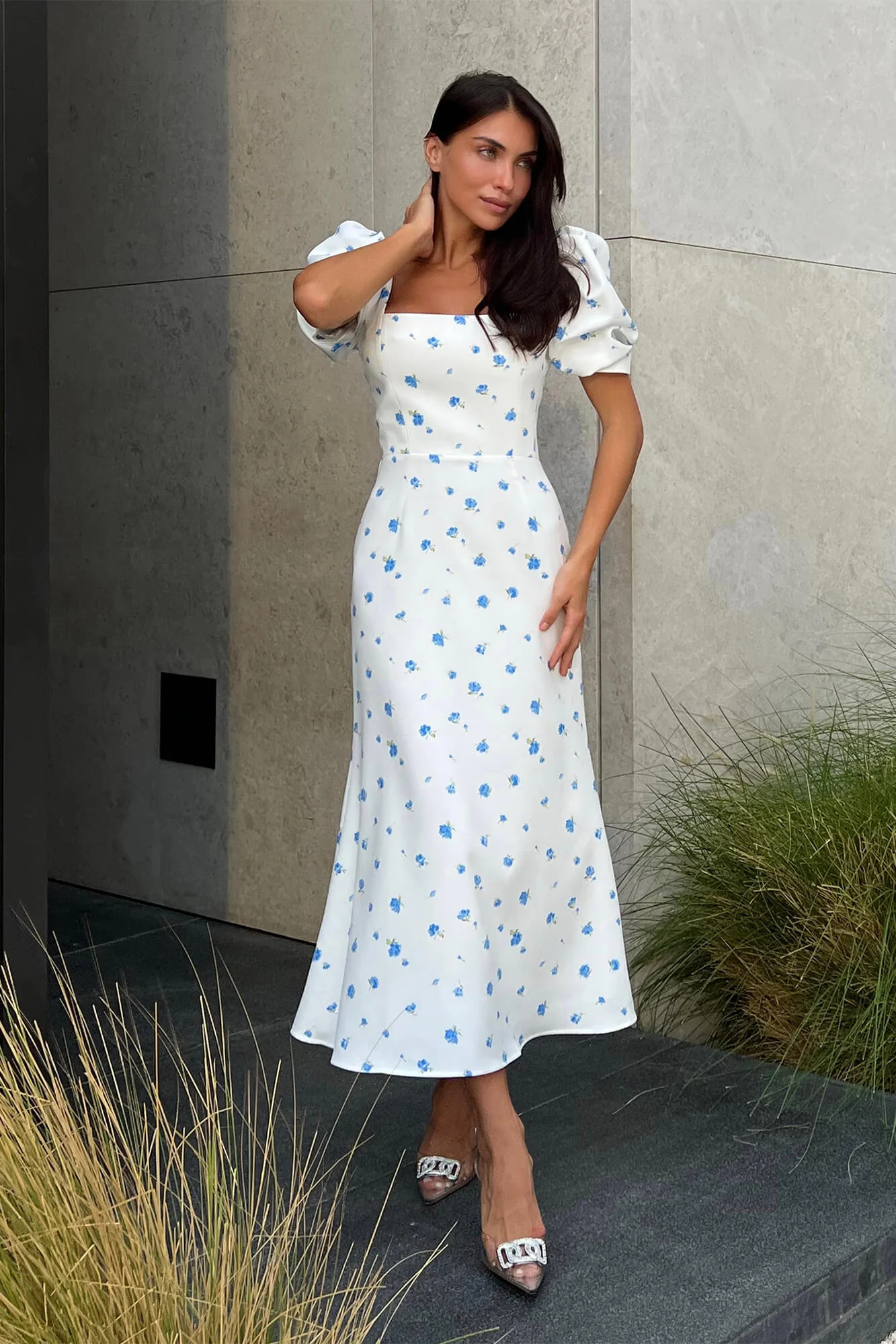 Godet Silhouette Square Neck Midi Dress