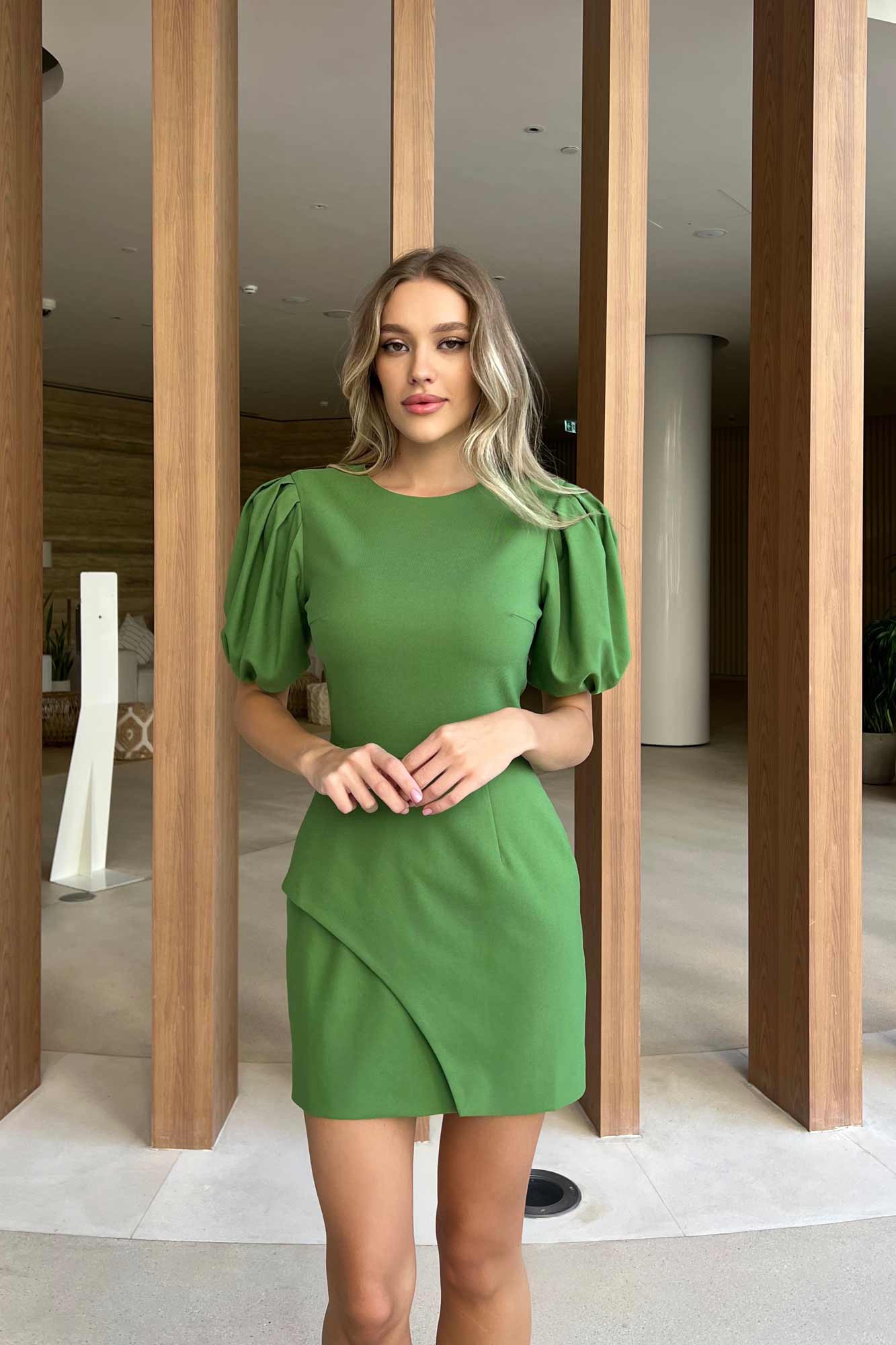Asymmetric Hem Puff Sleeve Mini Dress