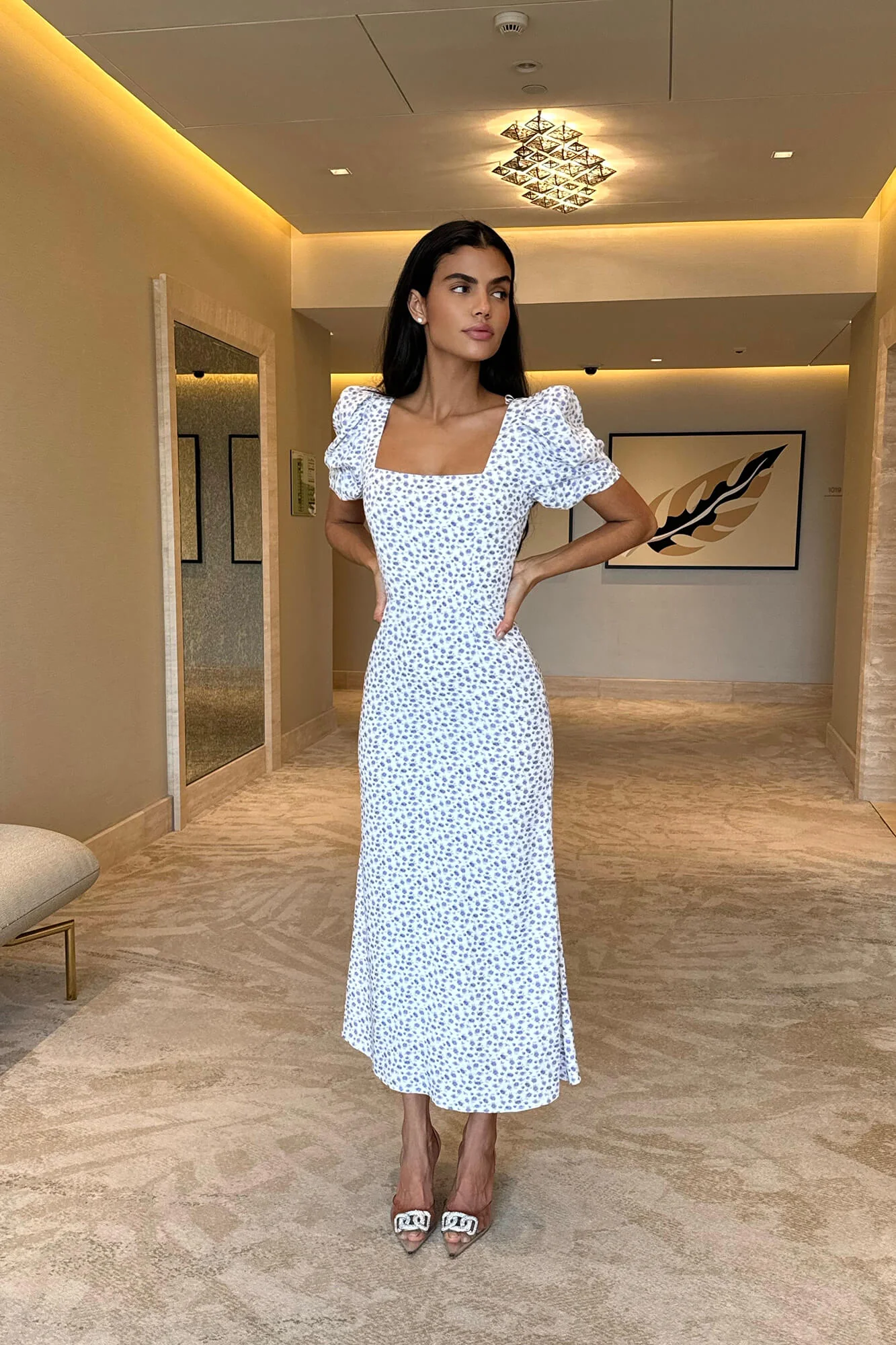 Godet Silhouette Square Neck Midi Dress