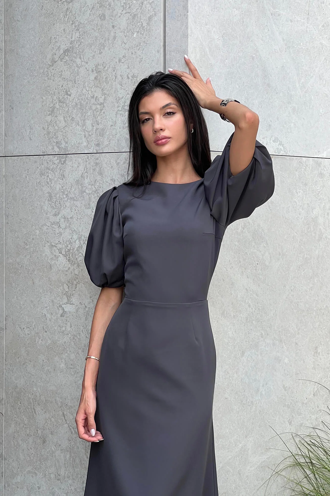 Godet Silhouette Puff Sleeve Midi Dress