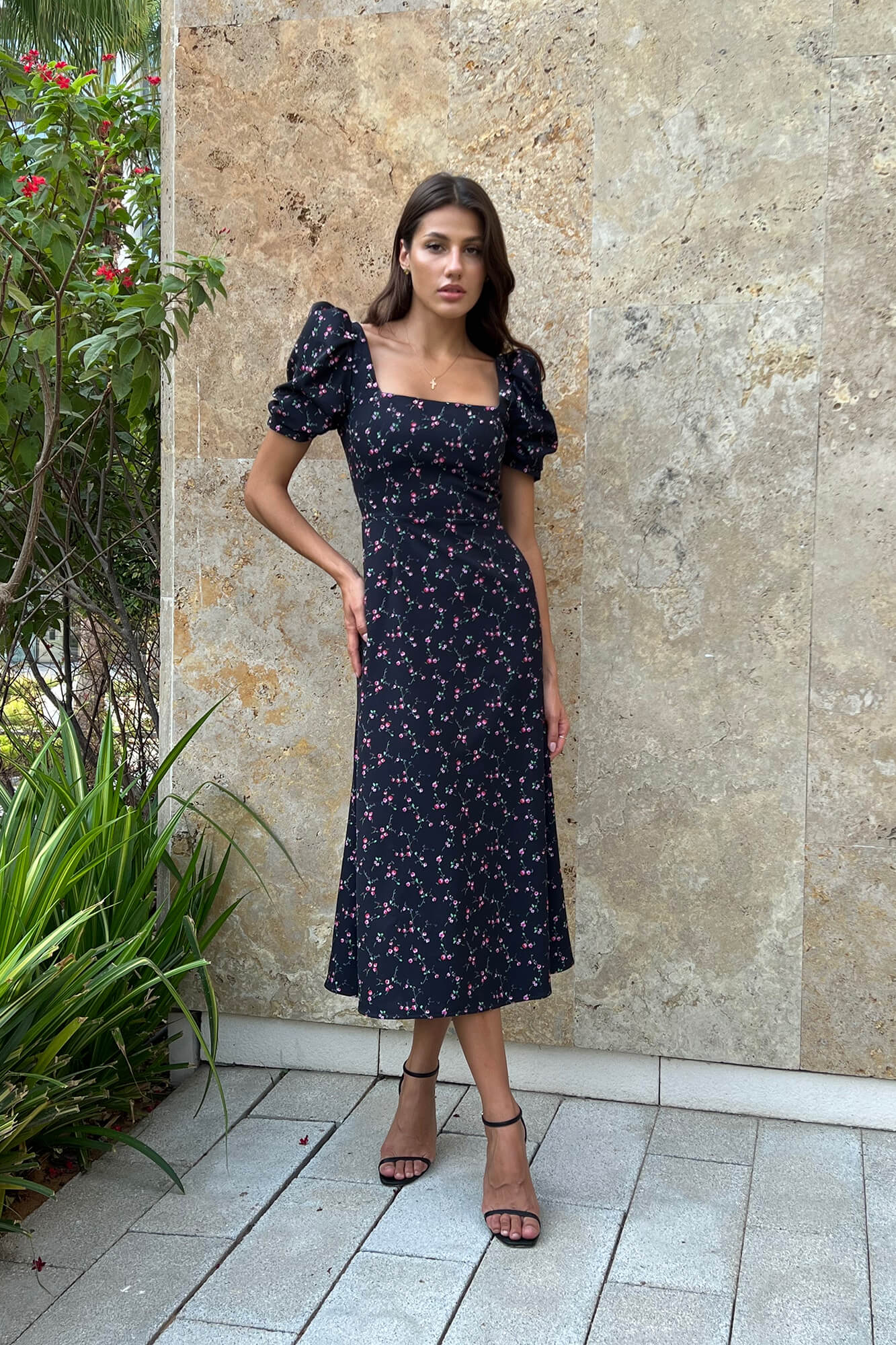 Godet Silhouette Square Neck Midi Dress