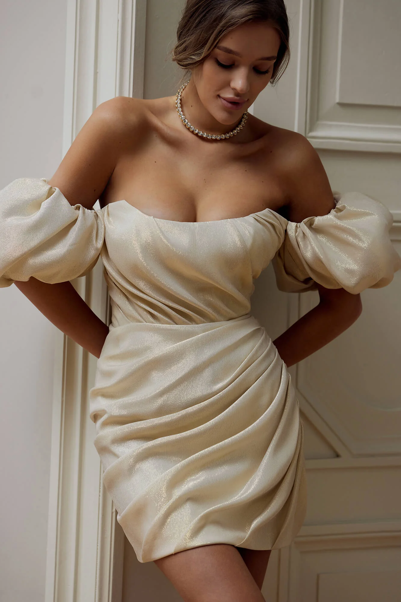 Puffy Sleeve Draped Corset Dress