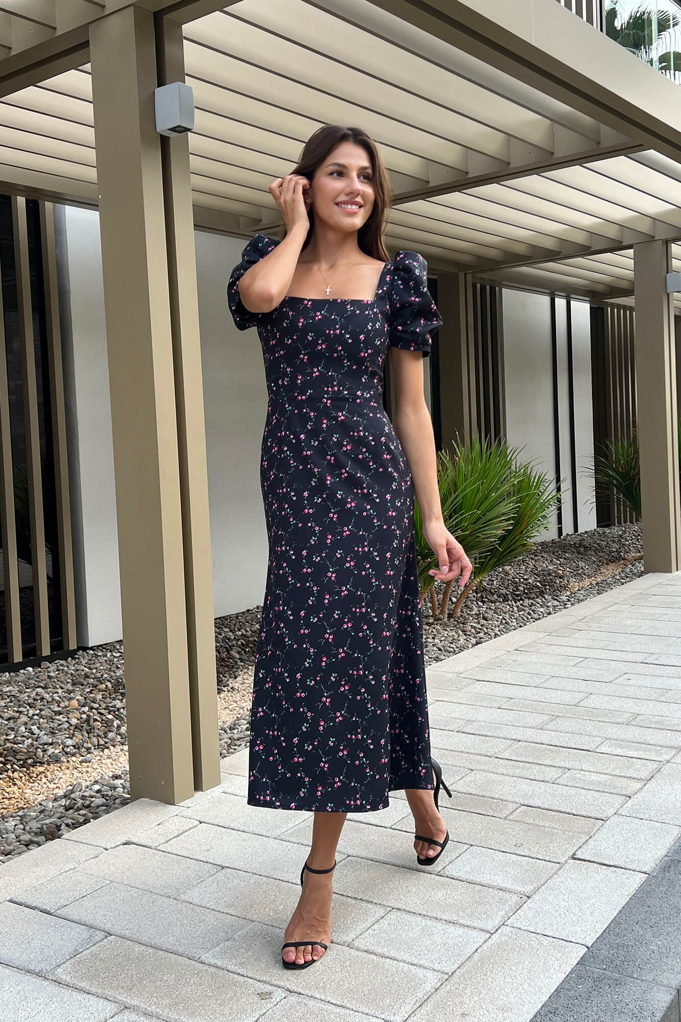 Godet Silhouette Square Neck Midi Dress