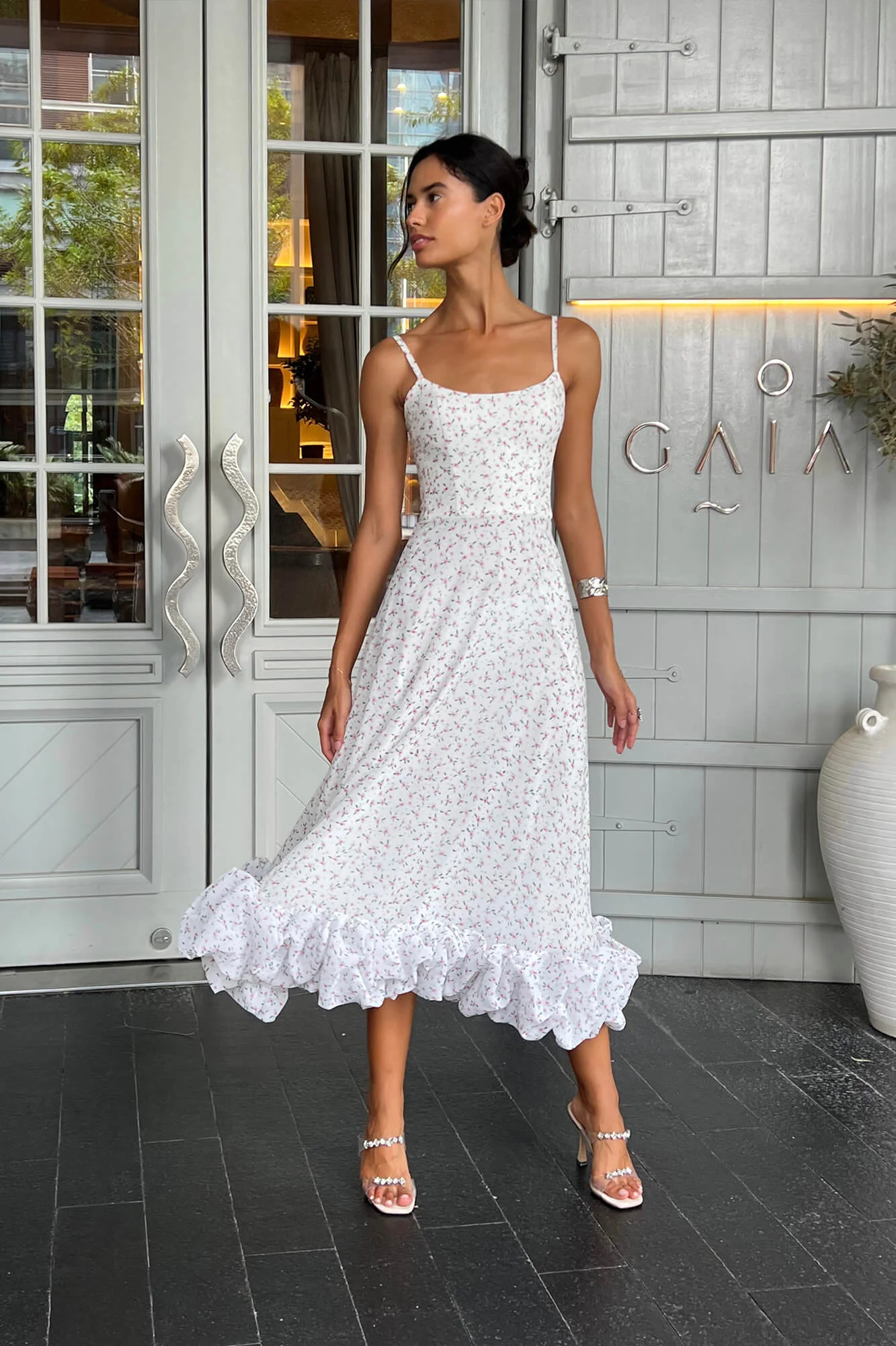 Floral Flounce Bustier Midi Dress