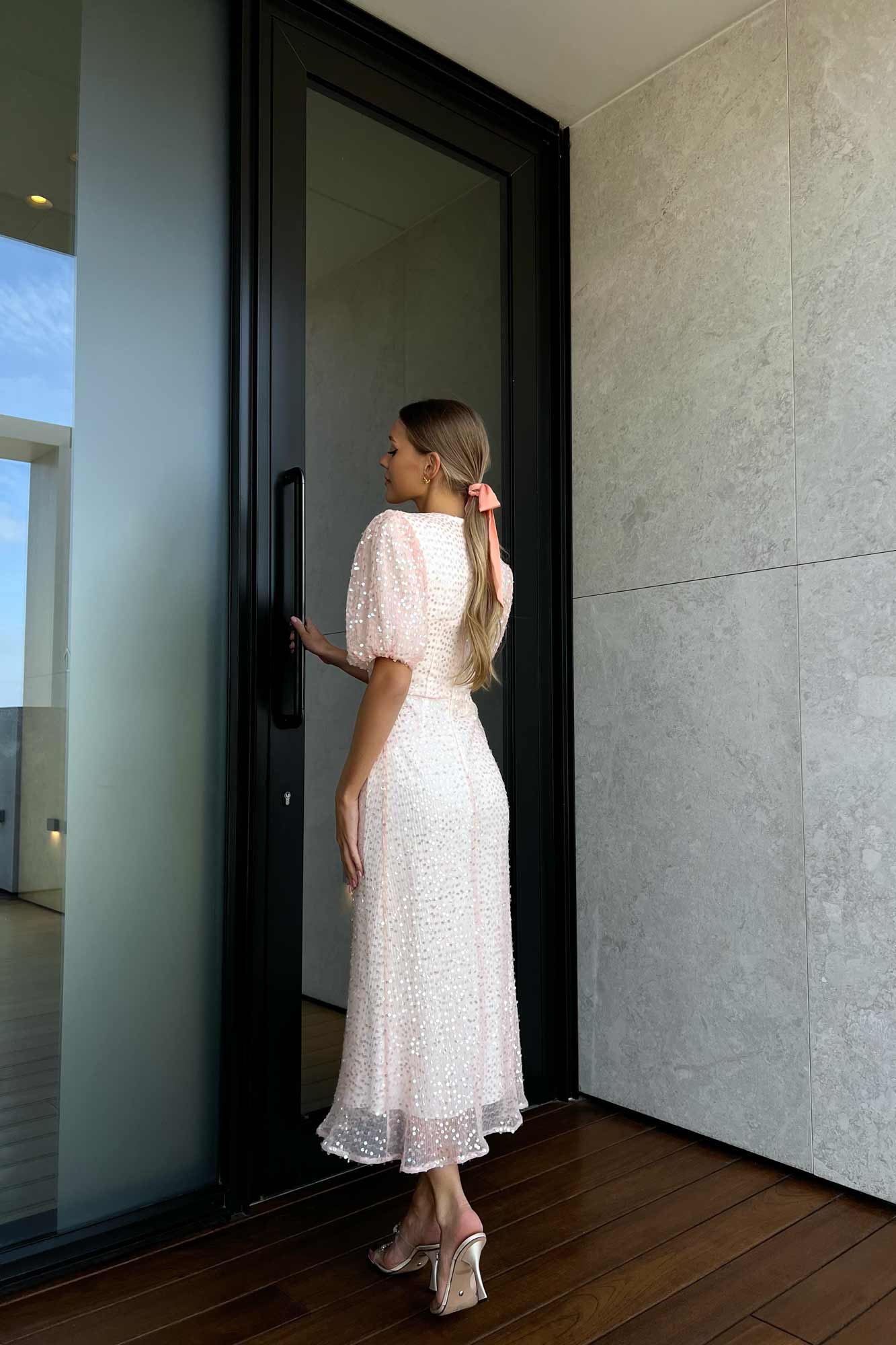 Sequin Puff Sleeve Midi Dress