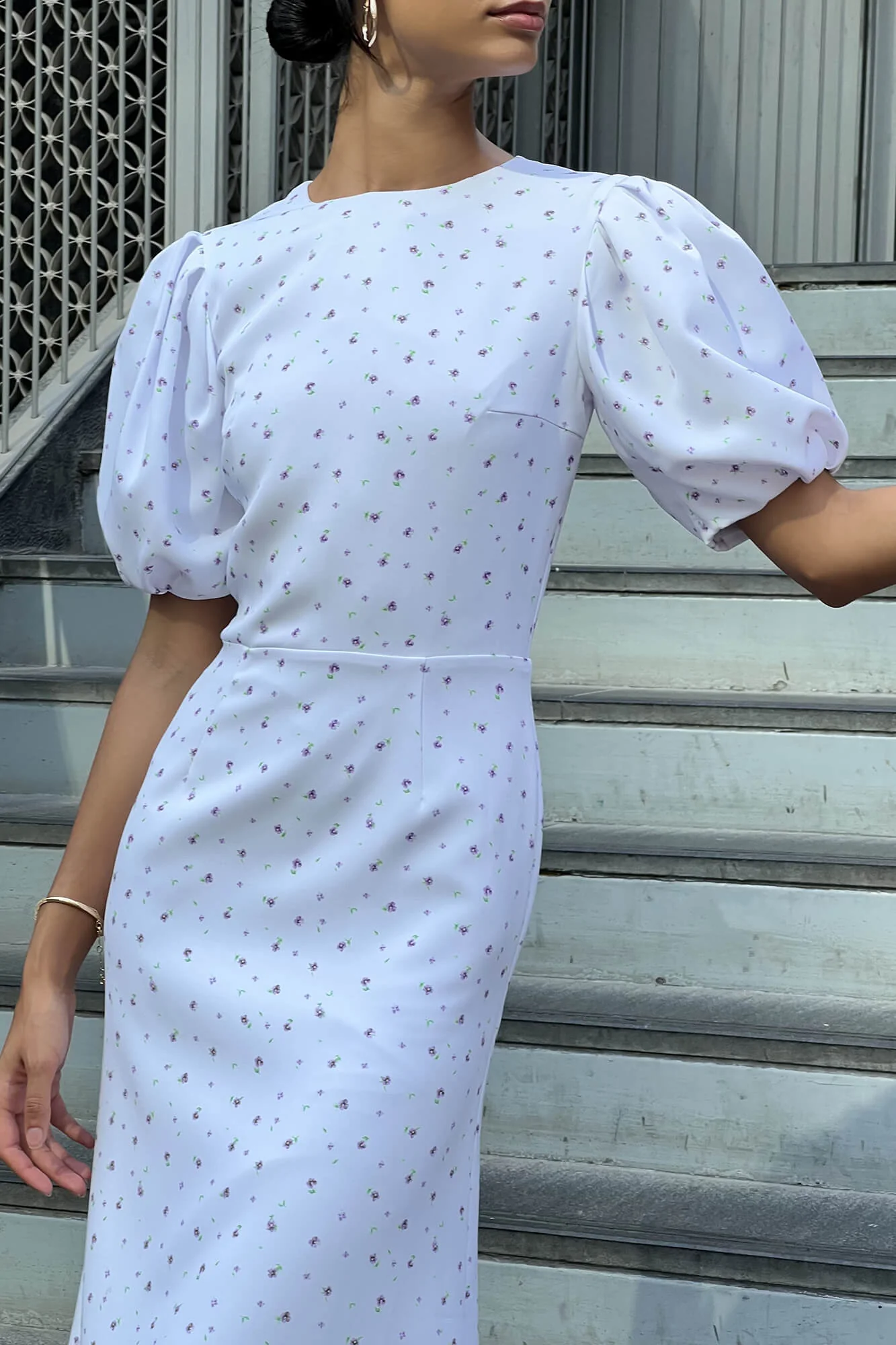 Puff Sleeve Floral Midi Dress