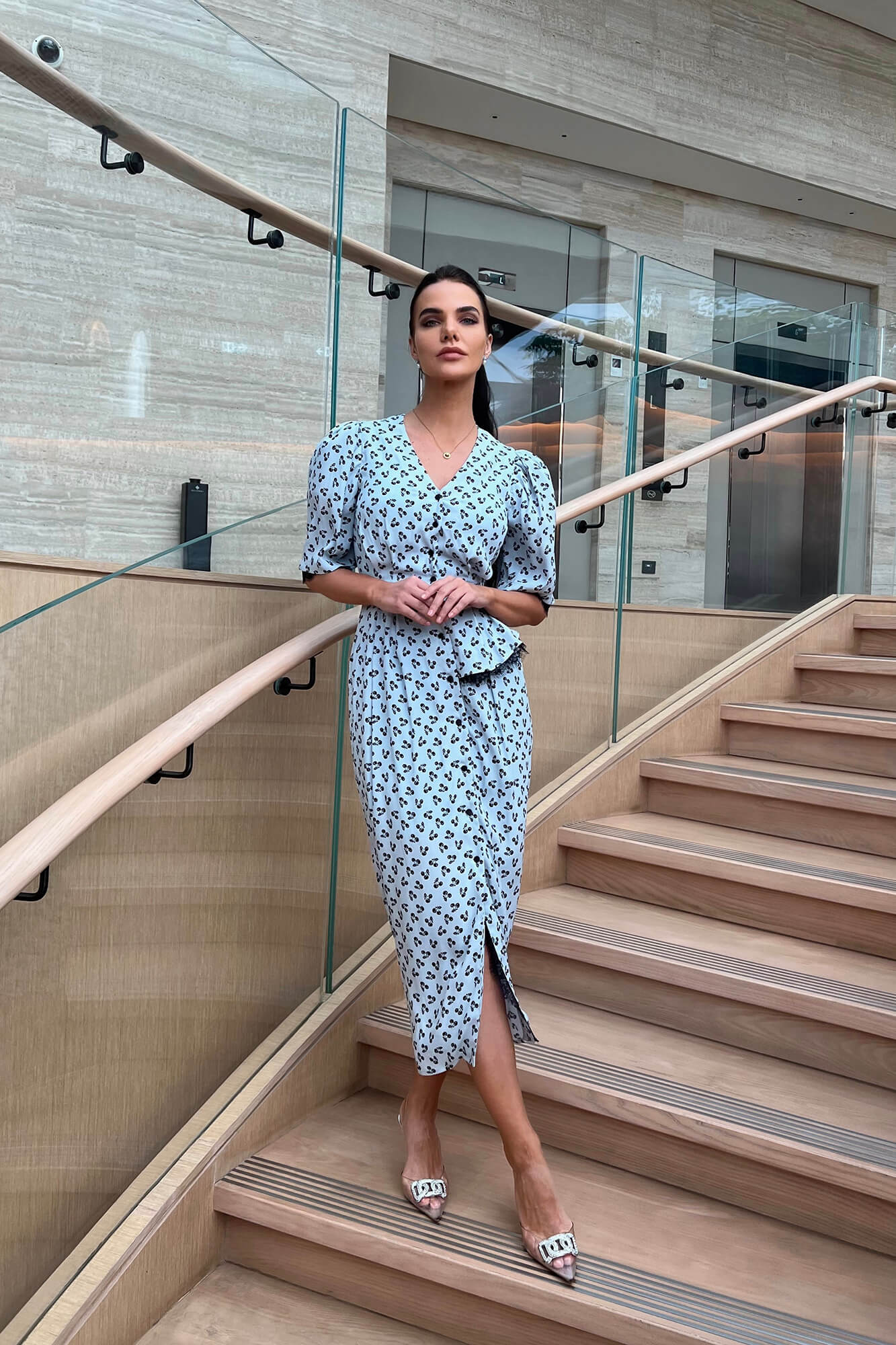 Lace Decorated Button Front Midi Dress