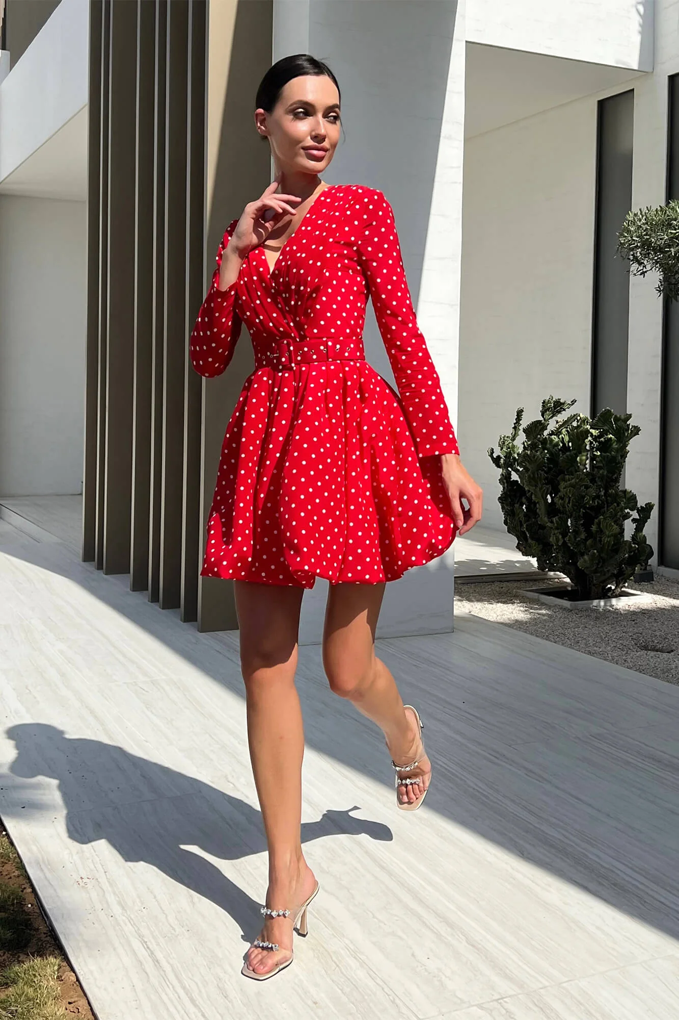 Long Sleeve Pleated Bodice Mini Belted Dress