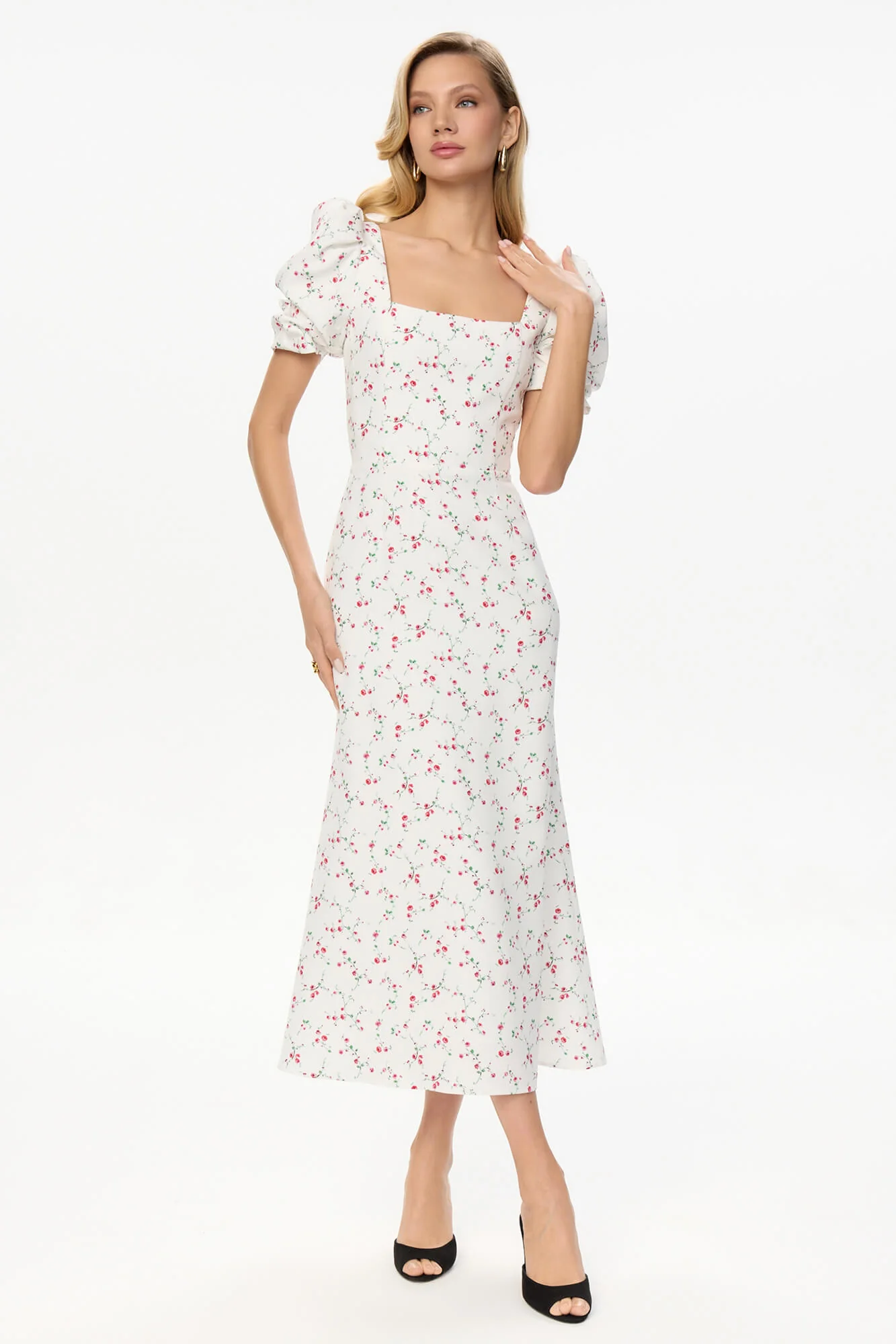 Godet Silhouette Square Neck Midi Dress
