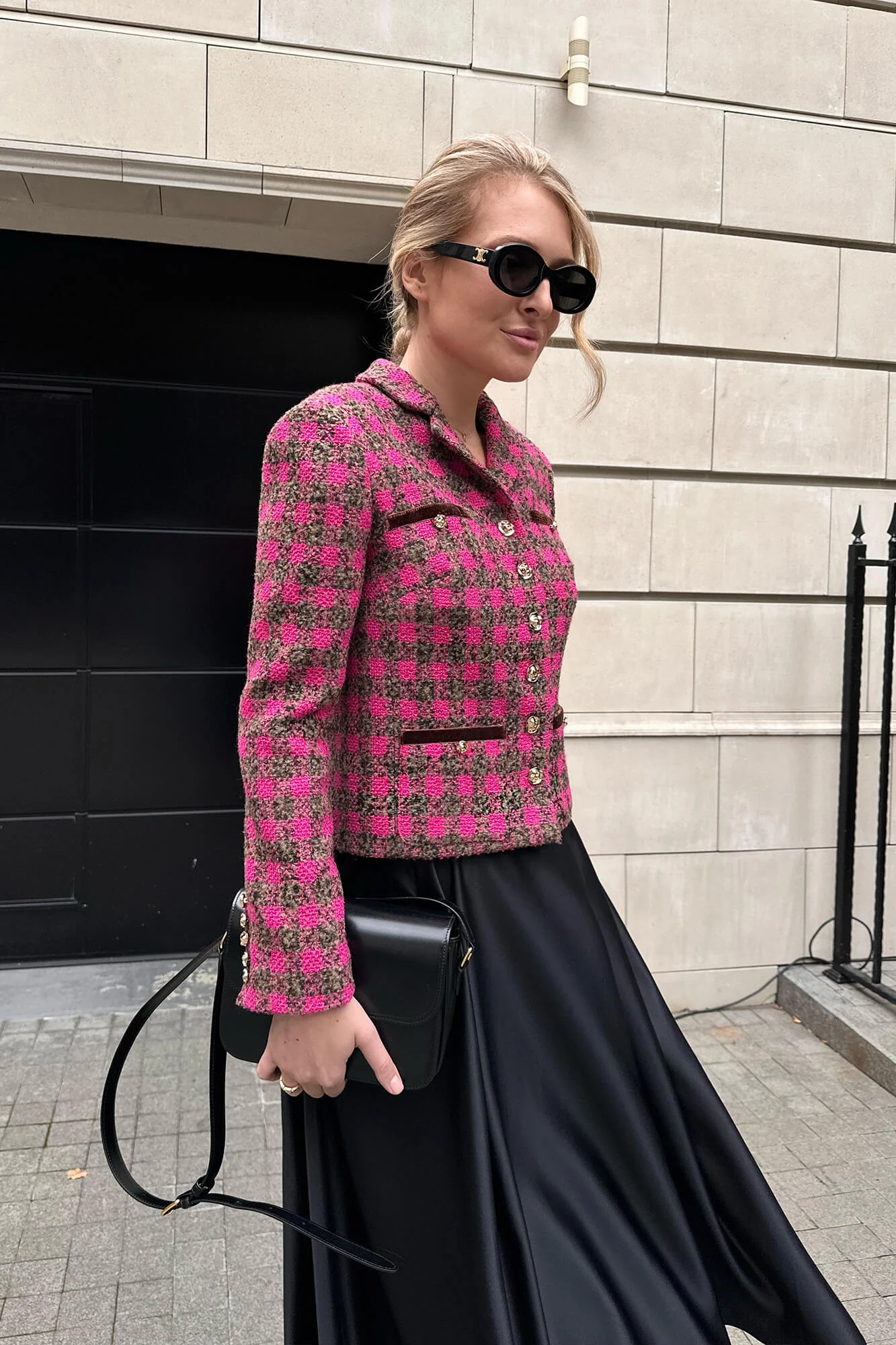 Single Breasted Velvet Trim Plaid Jacket