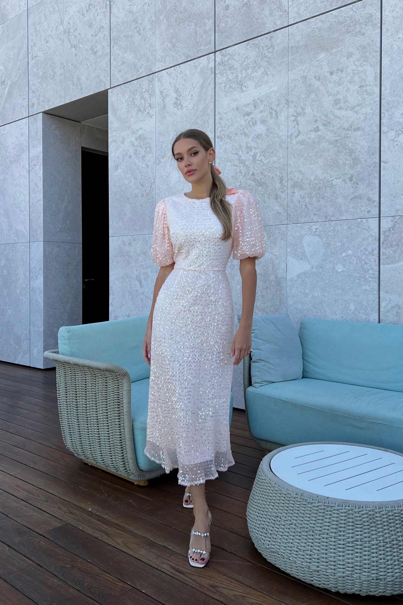 Sequin Puff Sleeve Midi Dress