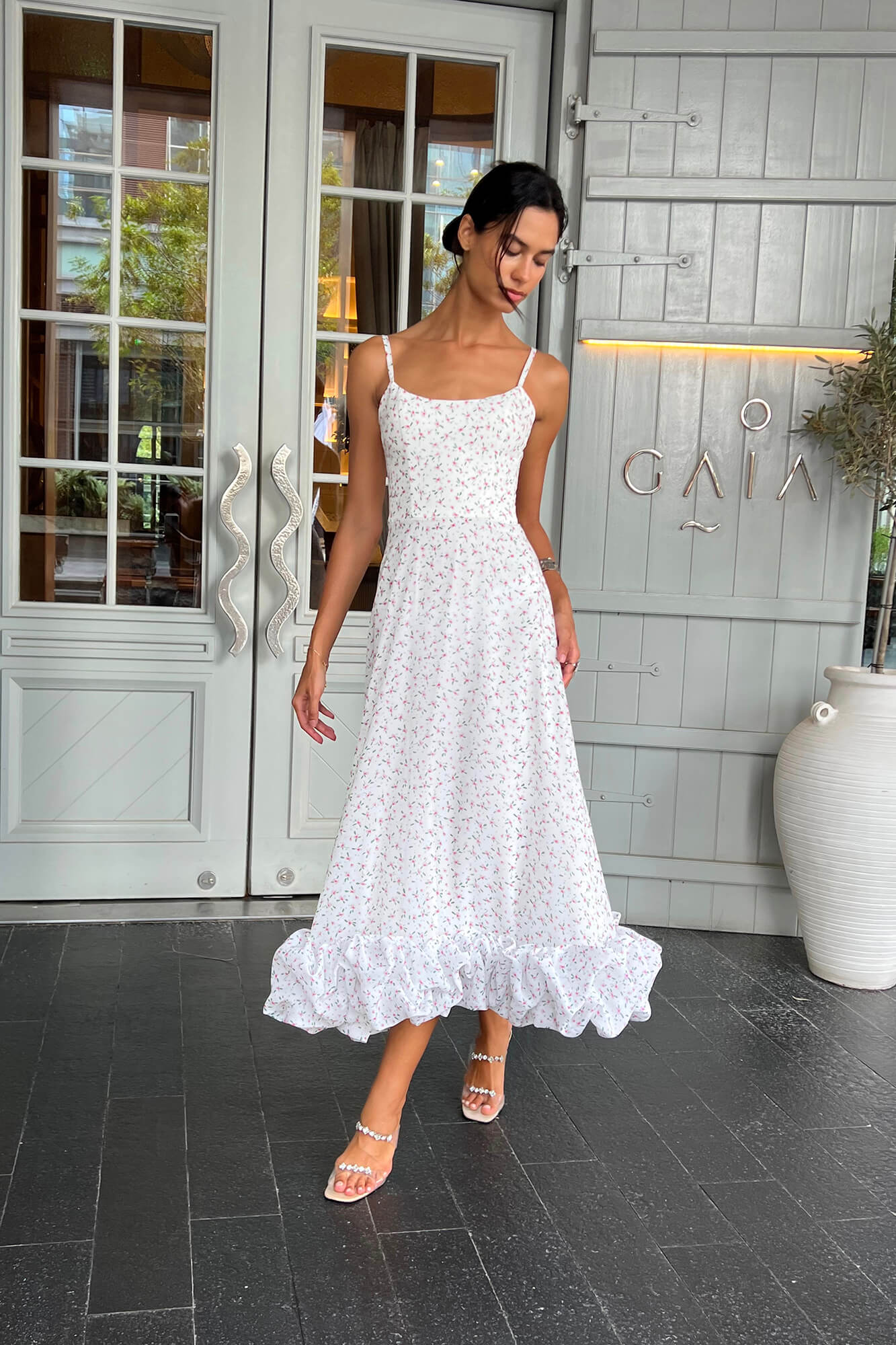 Floral Flounce Bustier Midi Dress