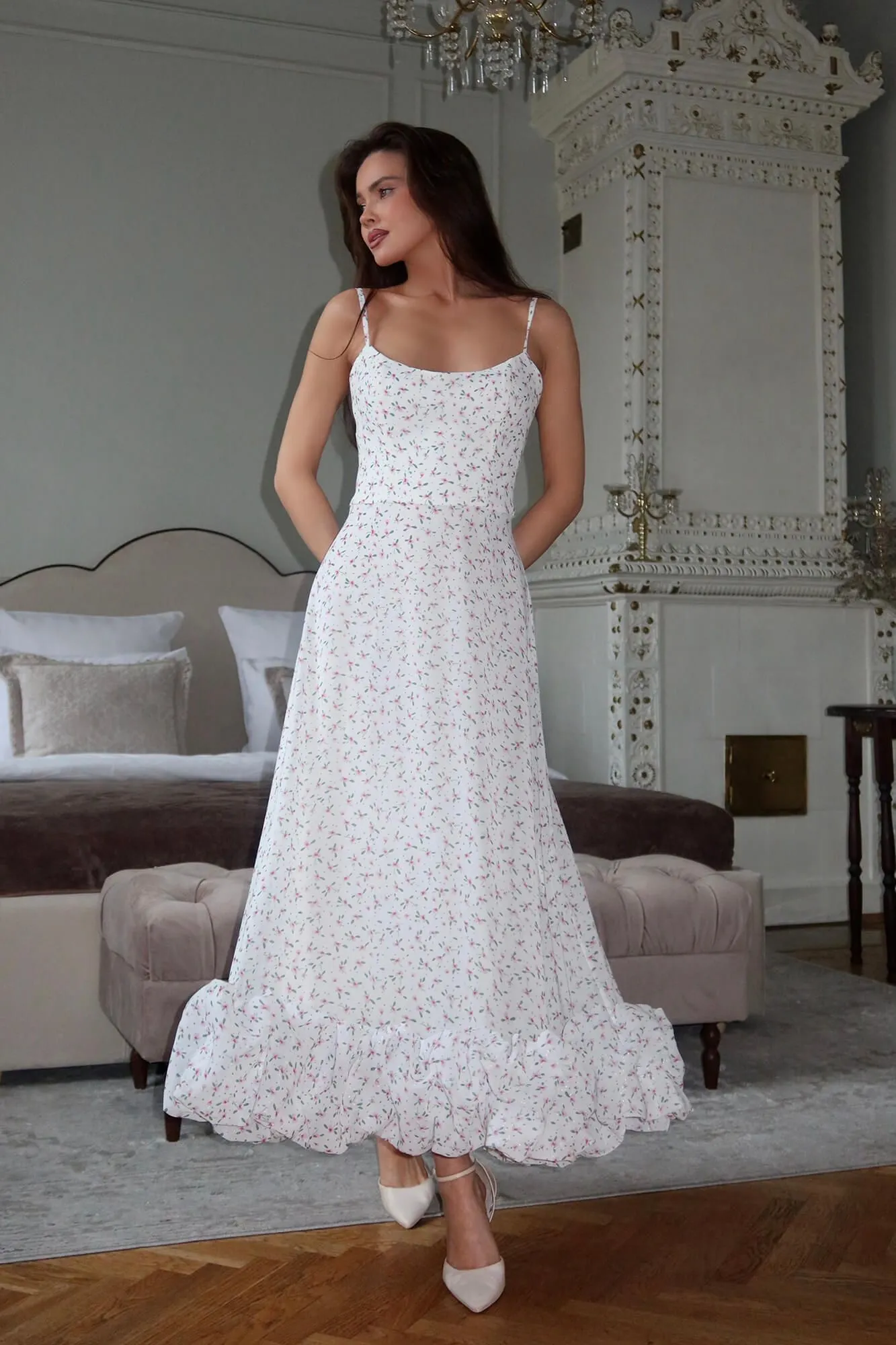 Floral Flounce Bustier Midi Dress