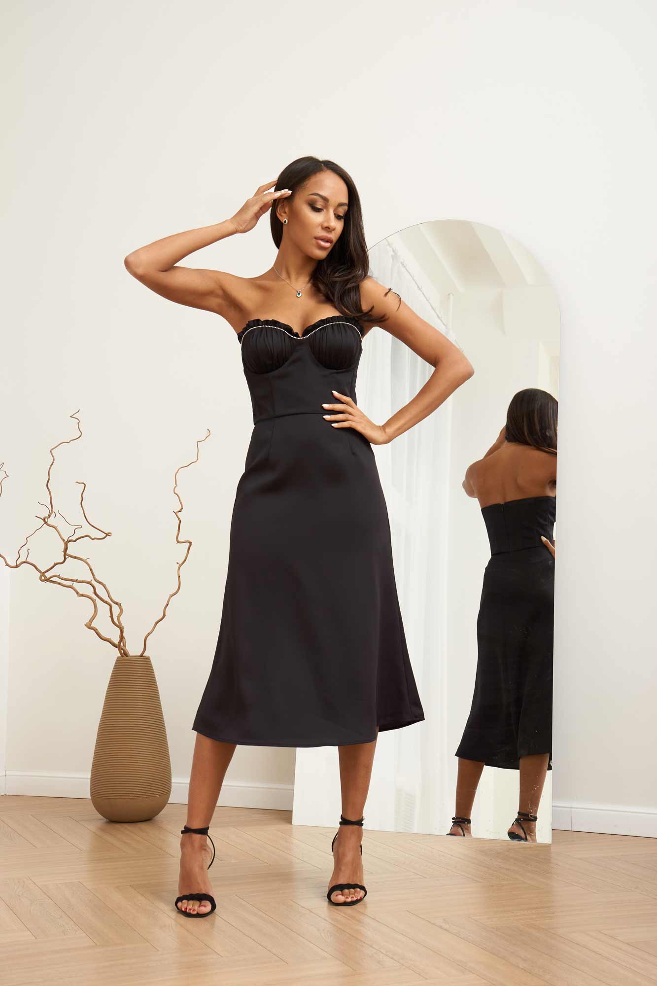 Bustier Draped Sequin Decorated Bodice Midi Dress