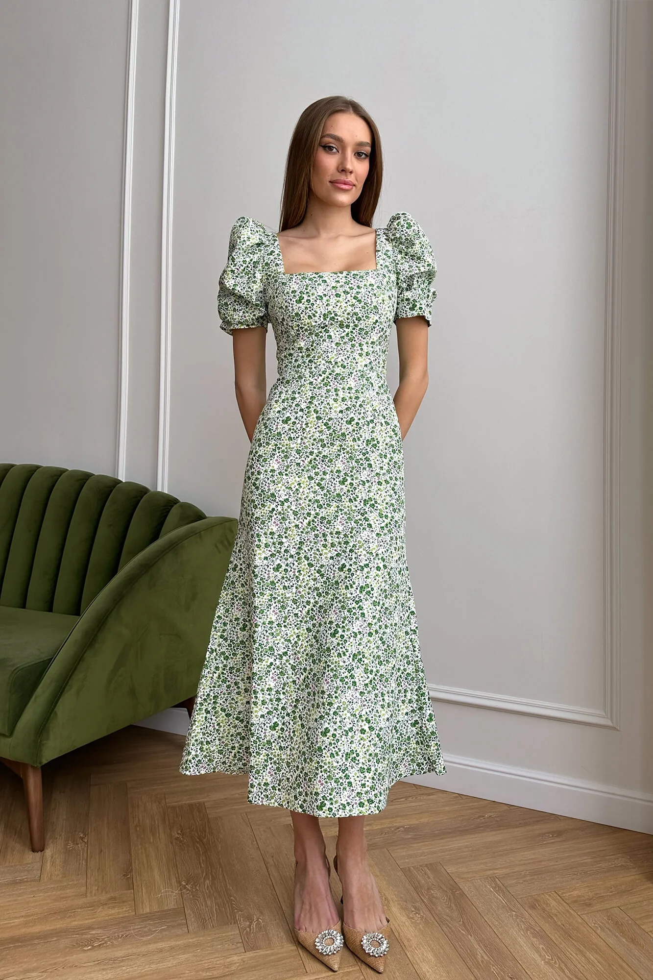 Godet Silhouette Square Neck Midi Dress