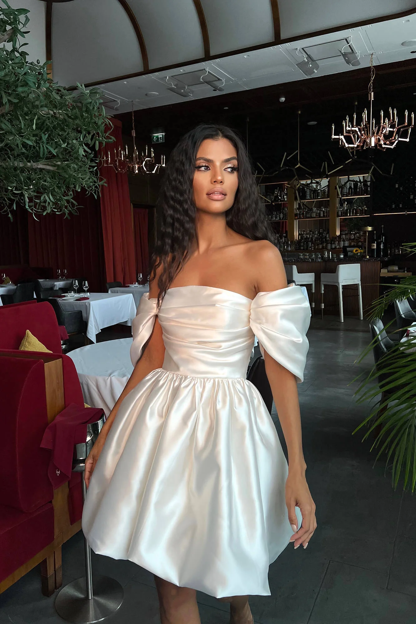Draped Bodice Puffy Skirt Mini Dress