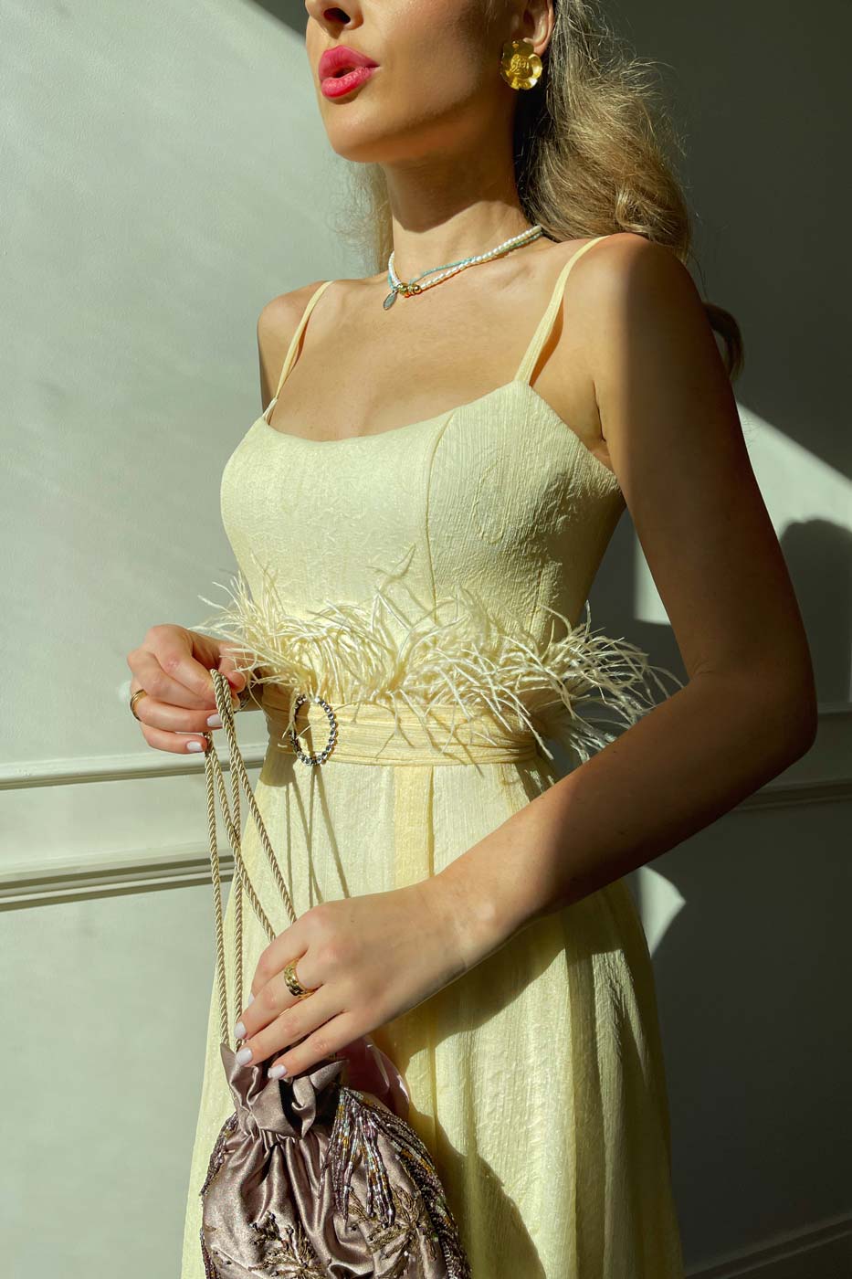 Bustier Dress with Feather Detail belt