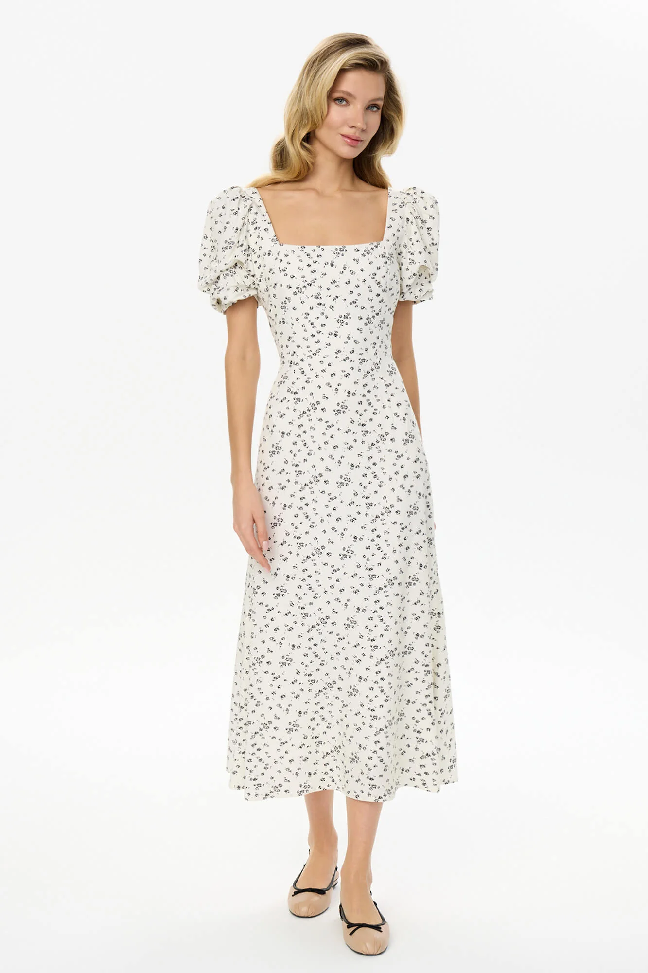 Godet Silhouette Square Neck Midi Dress