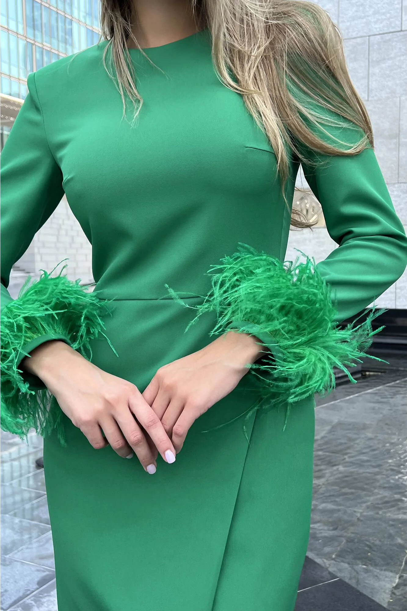Wrap Feather Sleeve Midi Dress
