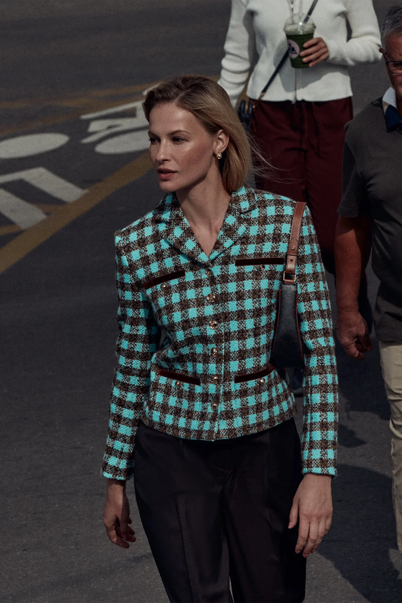 Single Breasted Velvet Trim Plaid Jacket