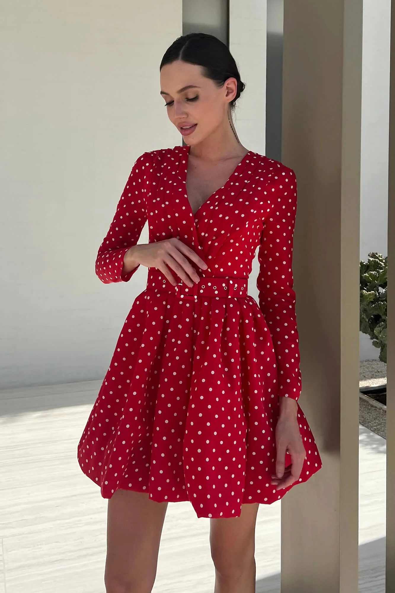 Long Sleeve Pleated Bodice Mini Belted Dress