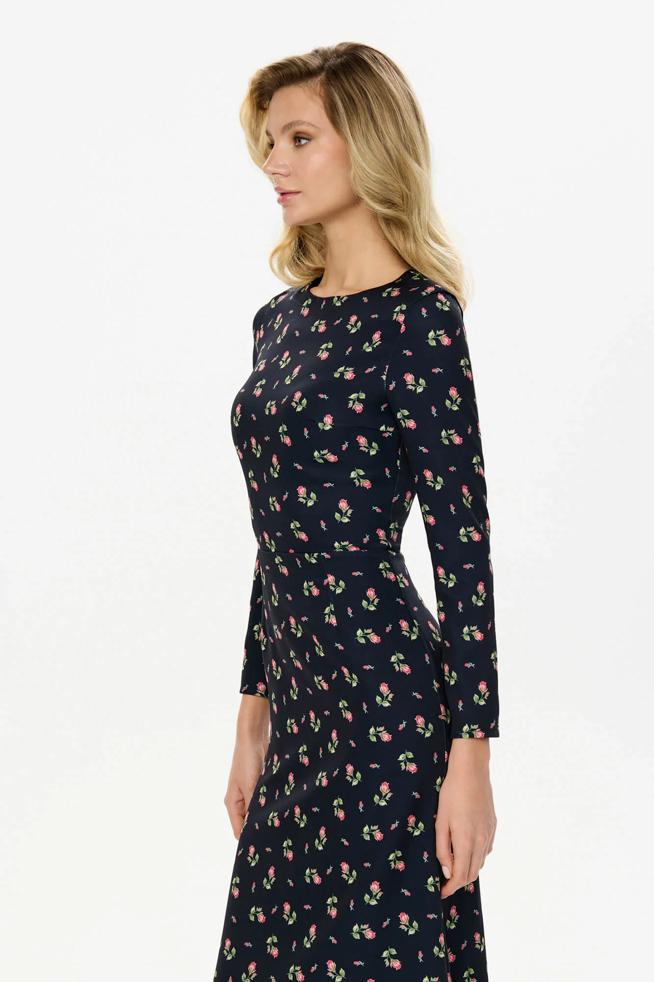 Godet Silhouette Long Sleeve Floral Midi Dress