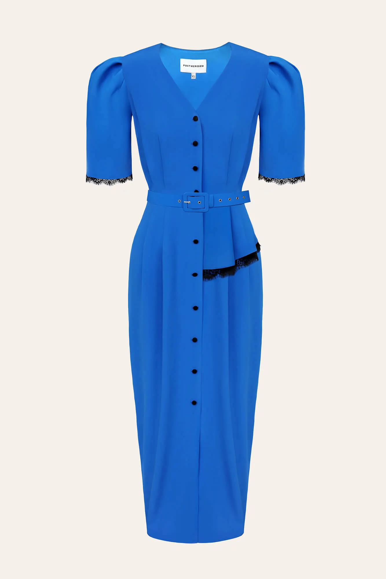 Lace Decorated Button Front Midi Dress with Belt