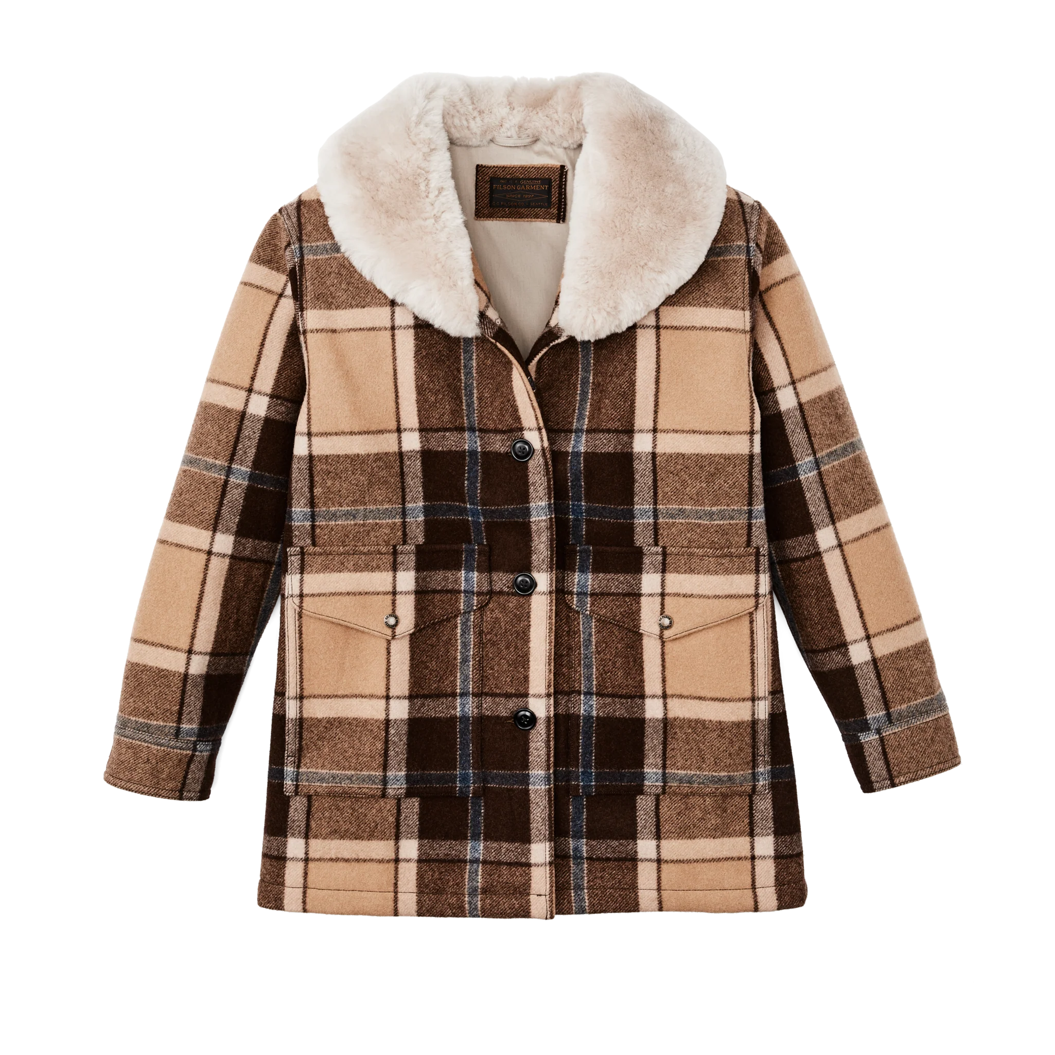 Women's Lined Wool Packer Coat - Cream / Brown / Multi Plaid