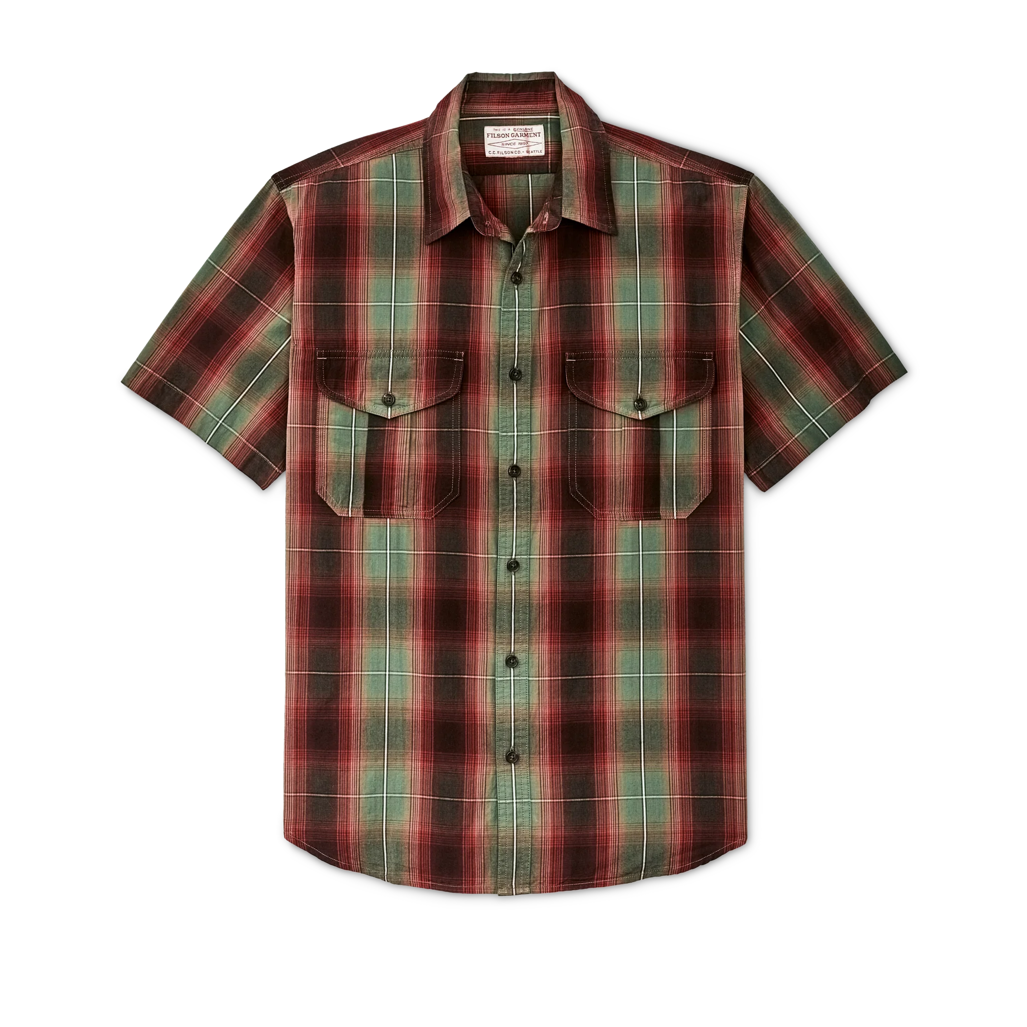 Filson's Washed Short Sleeve Feather Cloth Shirt - Green / Red / Black Ombre