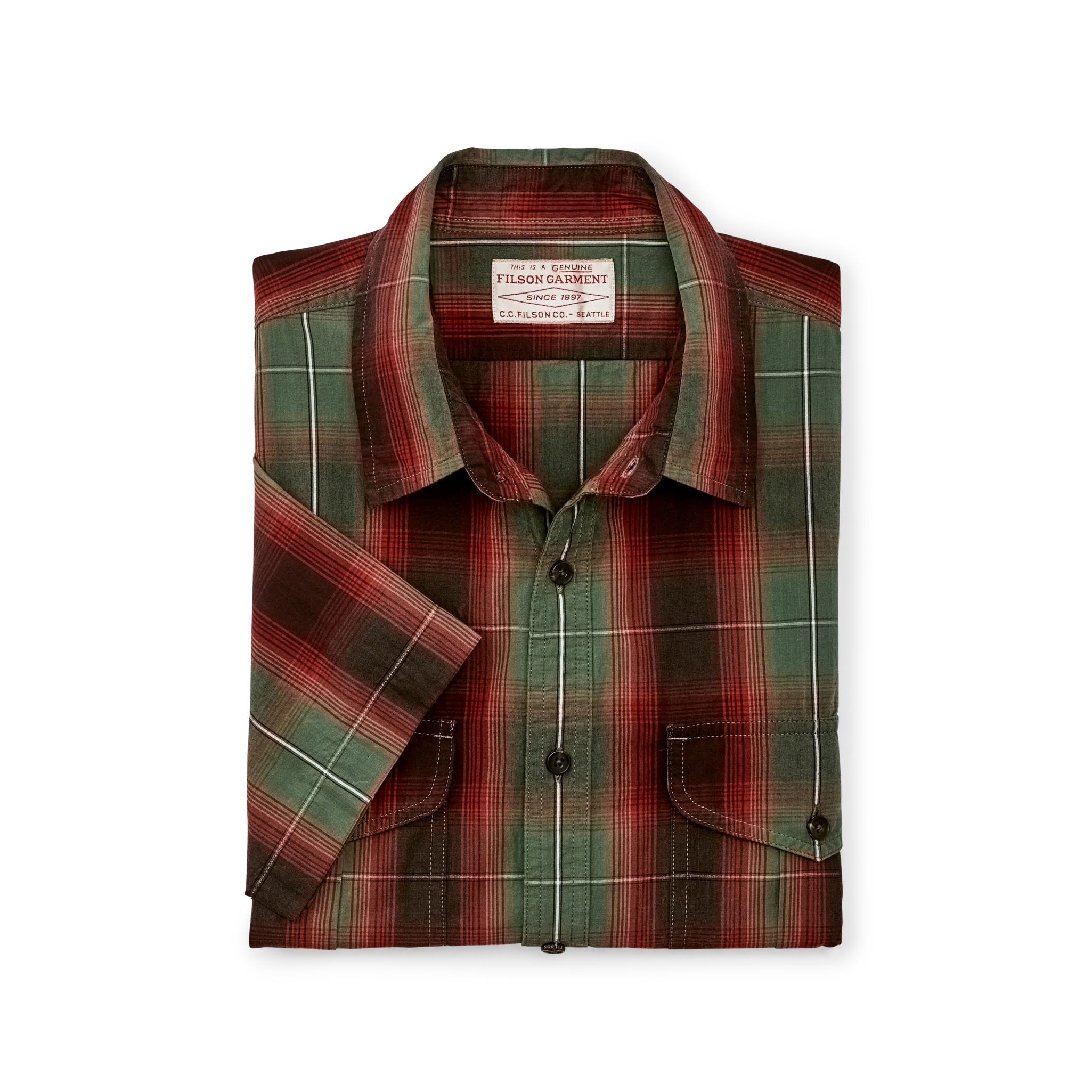 Filson's Washed Short Sleeve Feather Cloth Shirt - Green / Red / Black Ombre