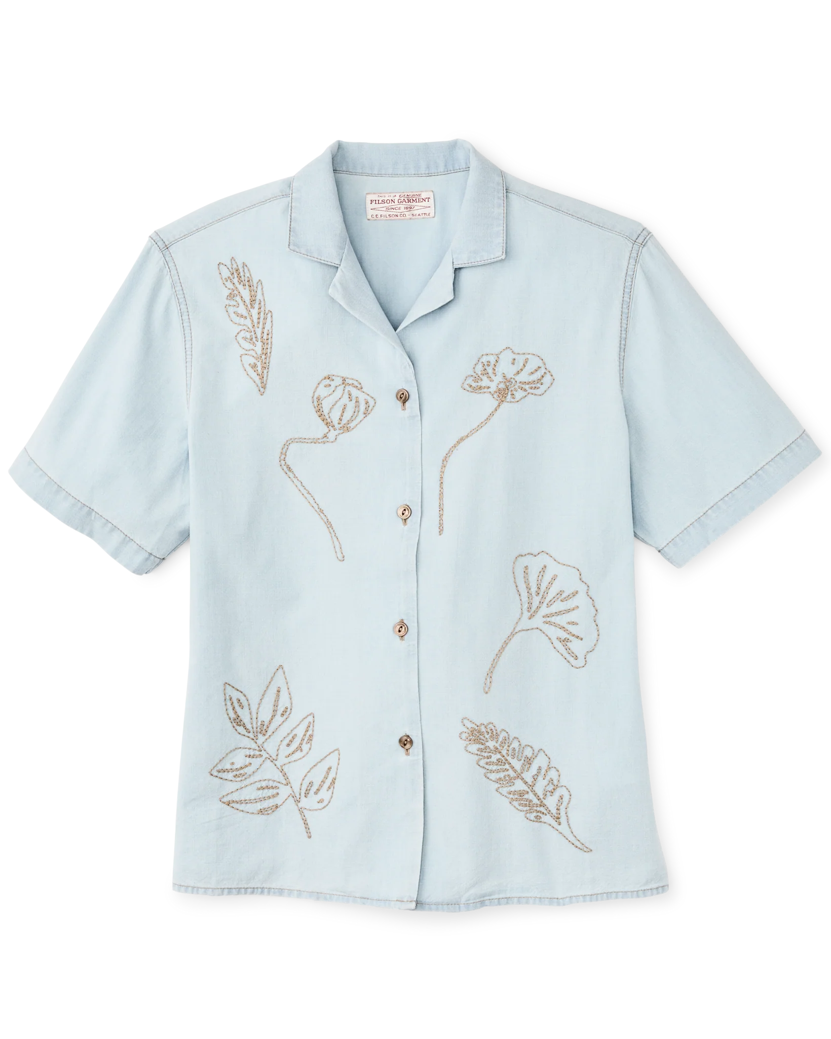 Women's Short Sleeve Embroidered Camp Shirt - Light Indigo Chambray