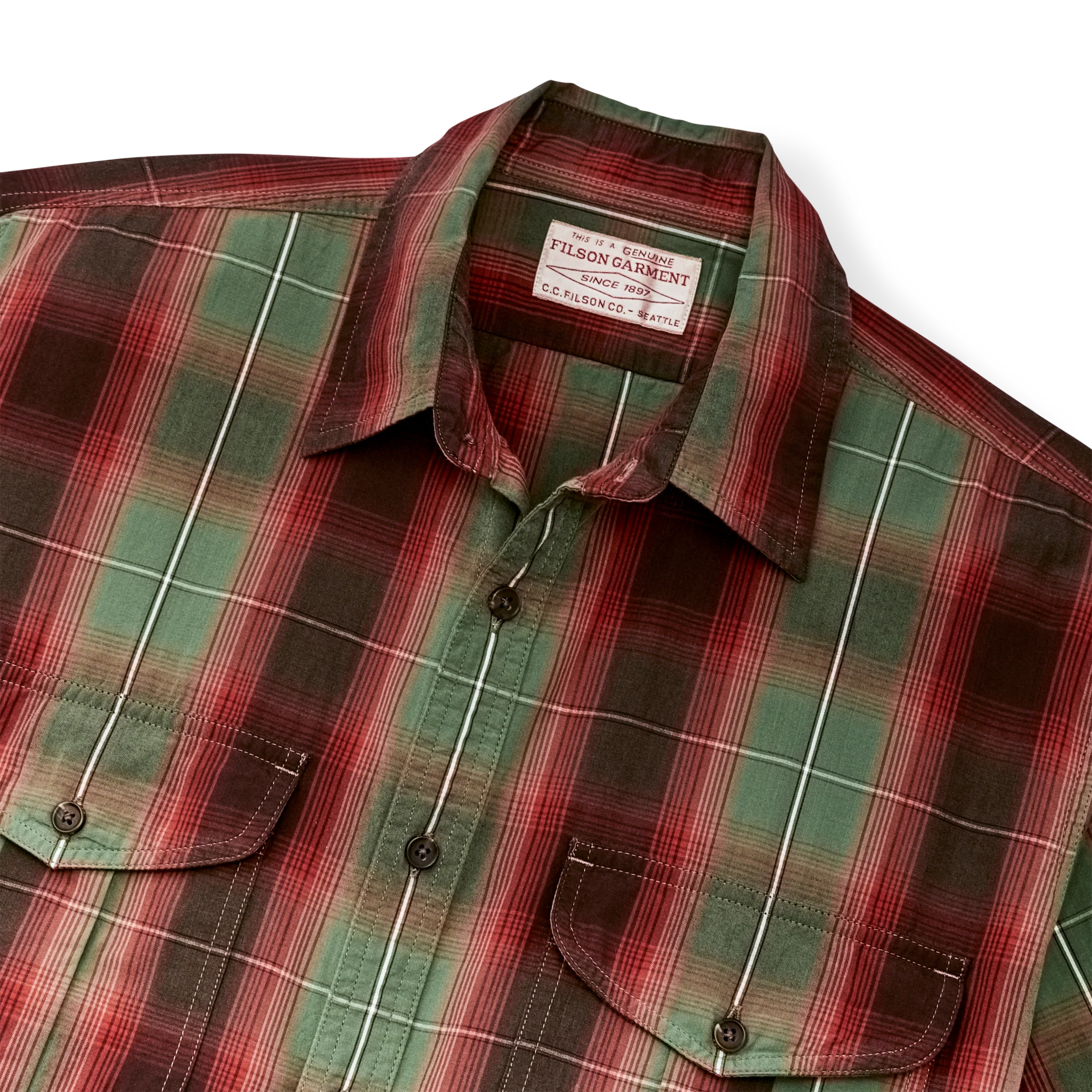 Filson's Washed Short Sleeve Feather Cloth Shirt - Green / Red / Black Ombre